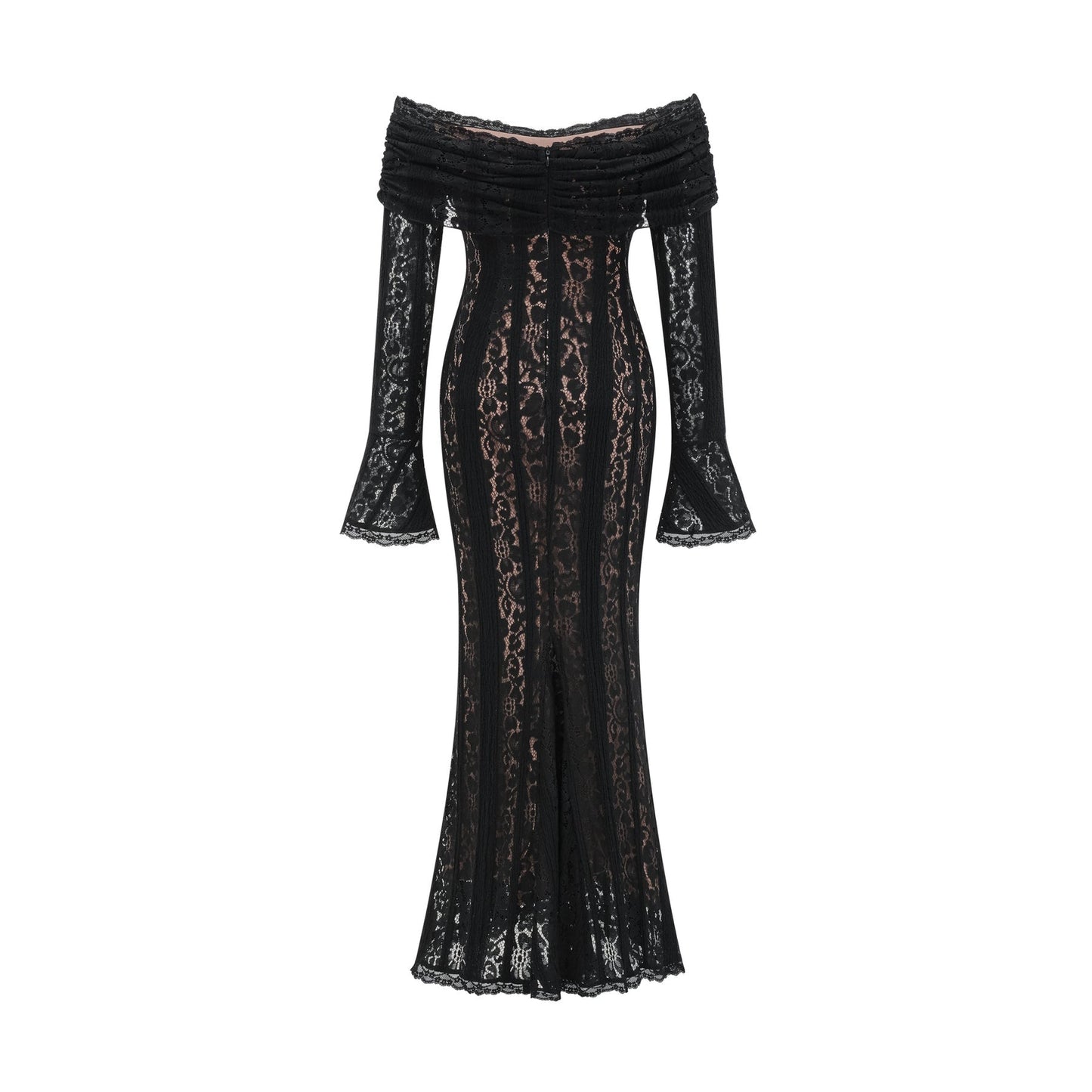 A black midi dress with floral lace detailing and flared cuffs named Emeline shown on a model or mannequin