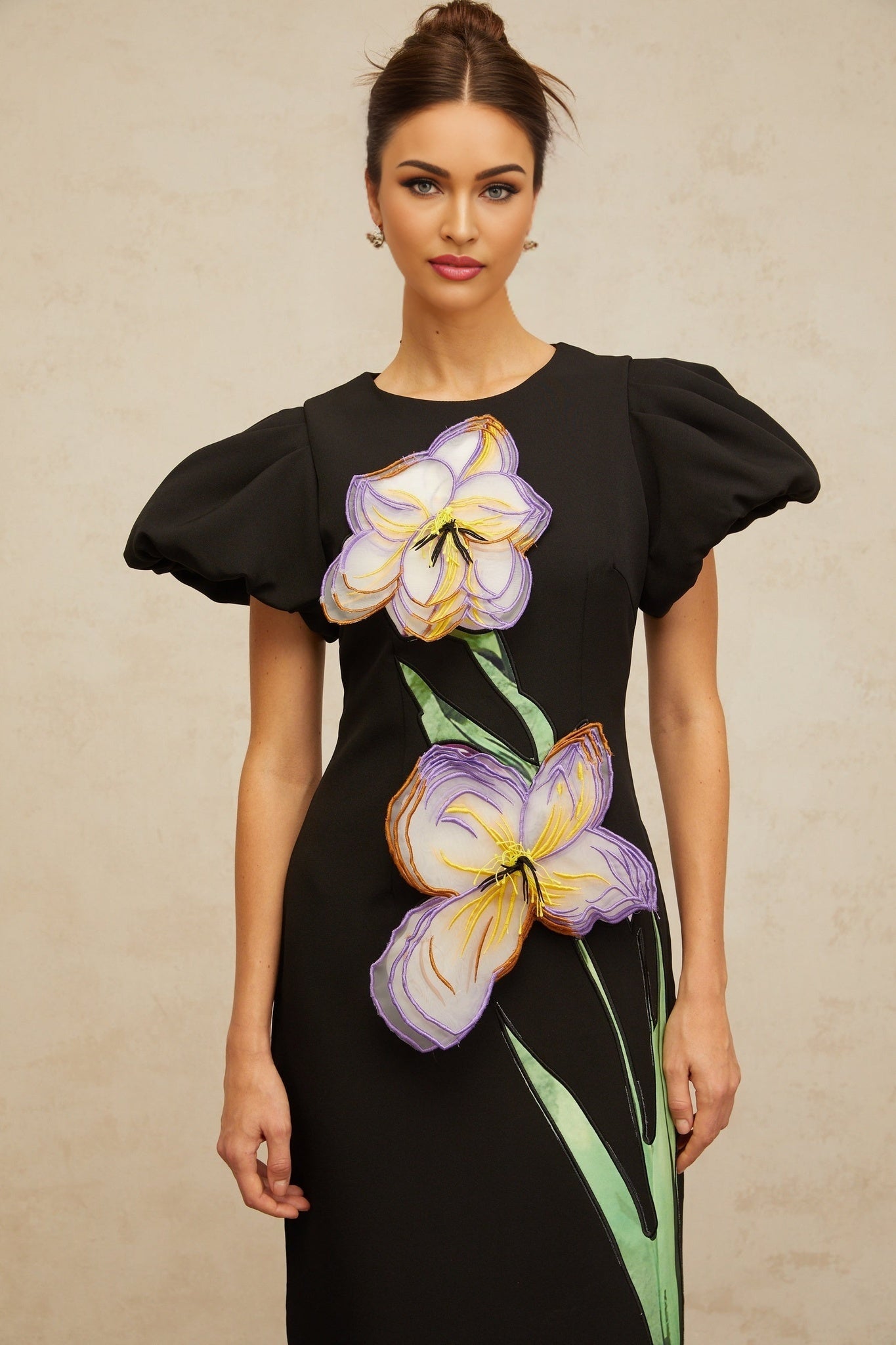 A black midi dress with sequined floral embroidery named Irene