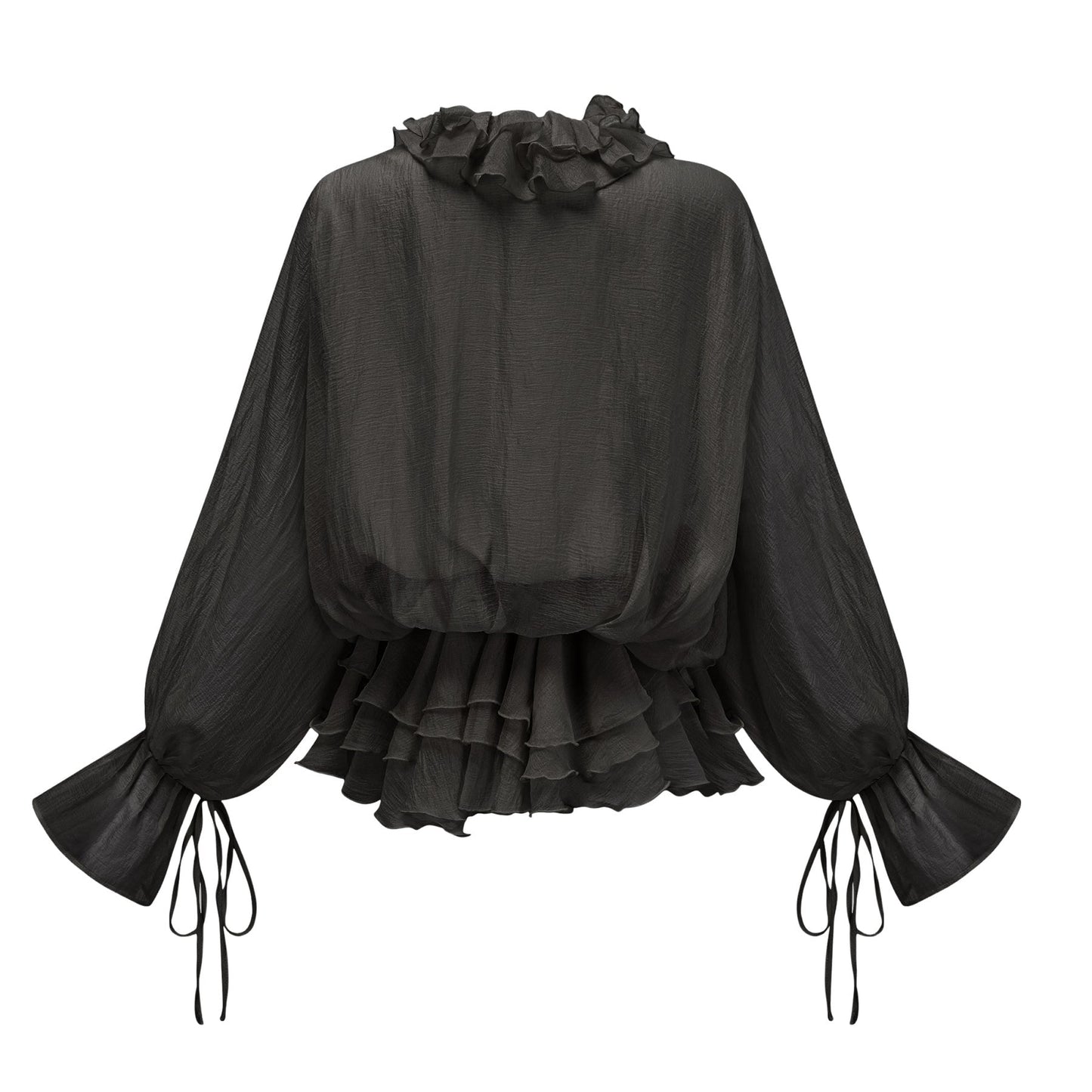 A black mini dress with tiered layers and floral applique details called Zephyrine