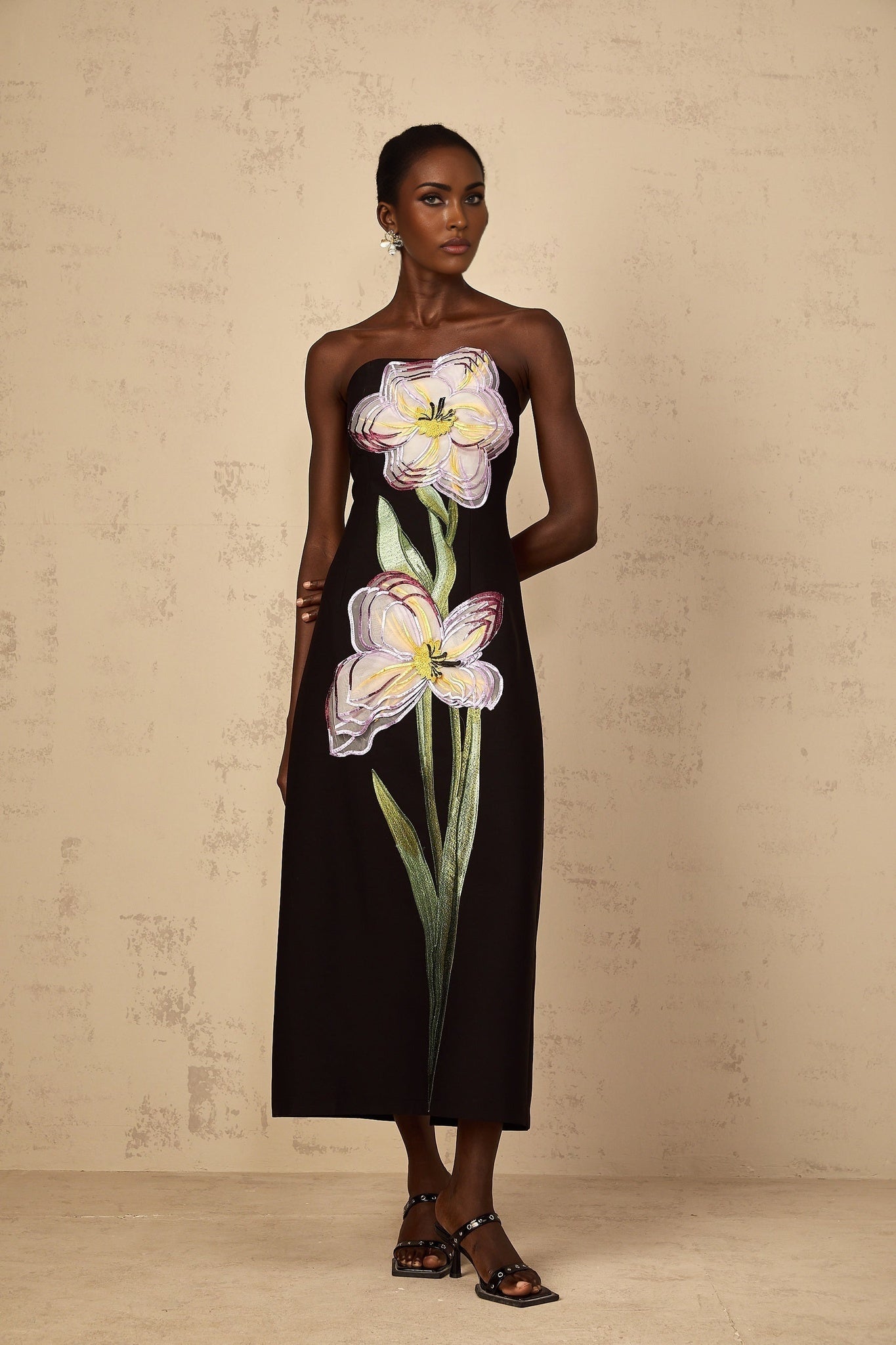 A black off shoulder midi dress with sequin embroidery details named Irene