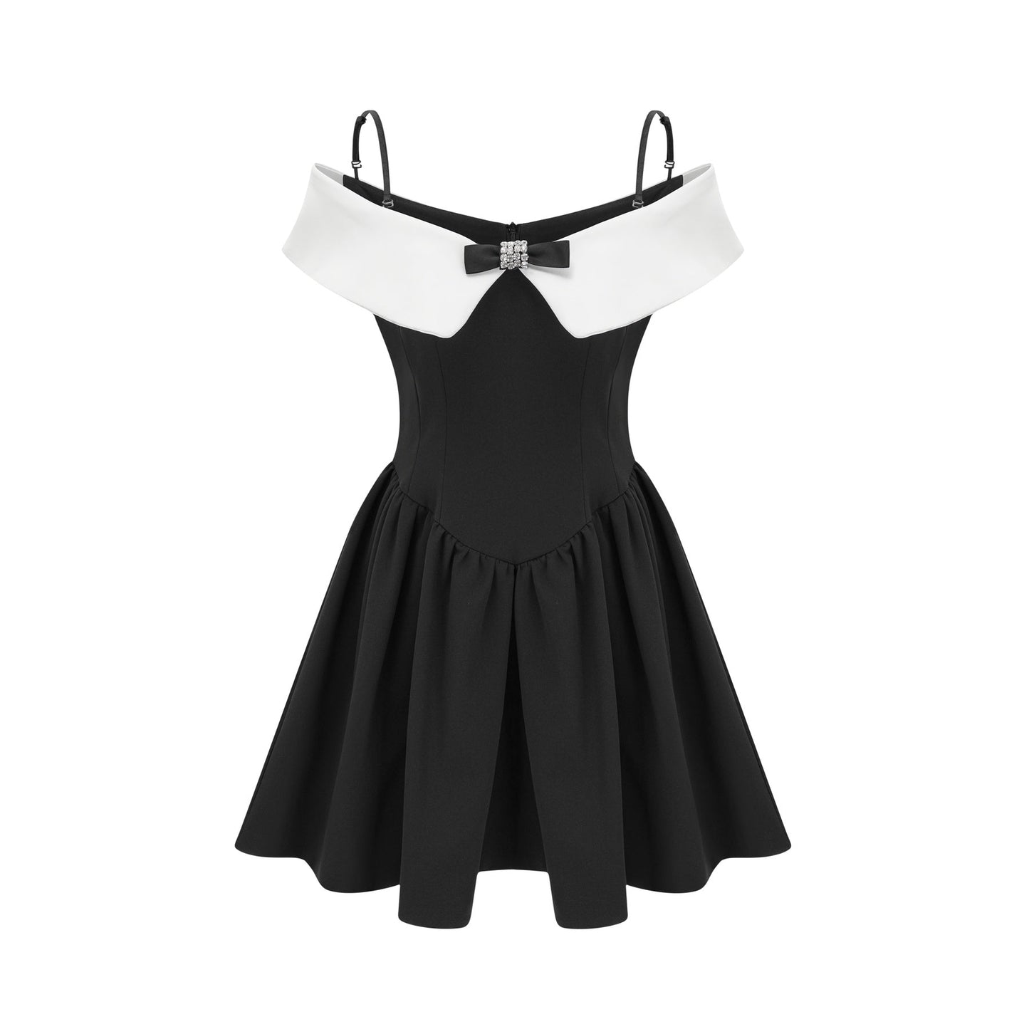 Black reversible collar dress with off the shoulder design paneling contrast colors spaghetti straps pleated detailing front bowknot and mini dress style in 82% Cotton 18% Silk