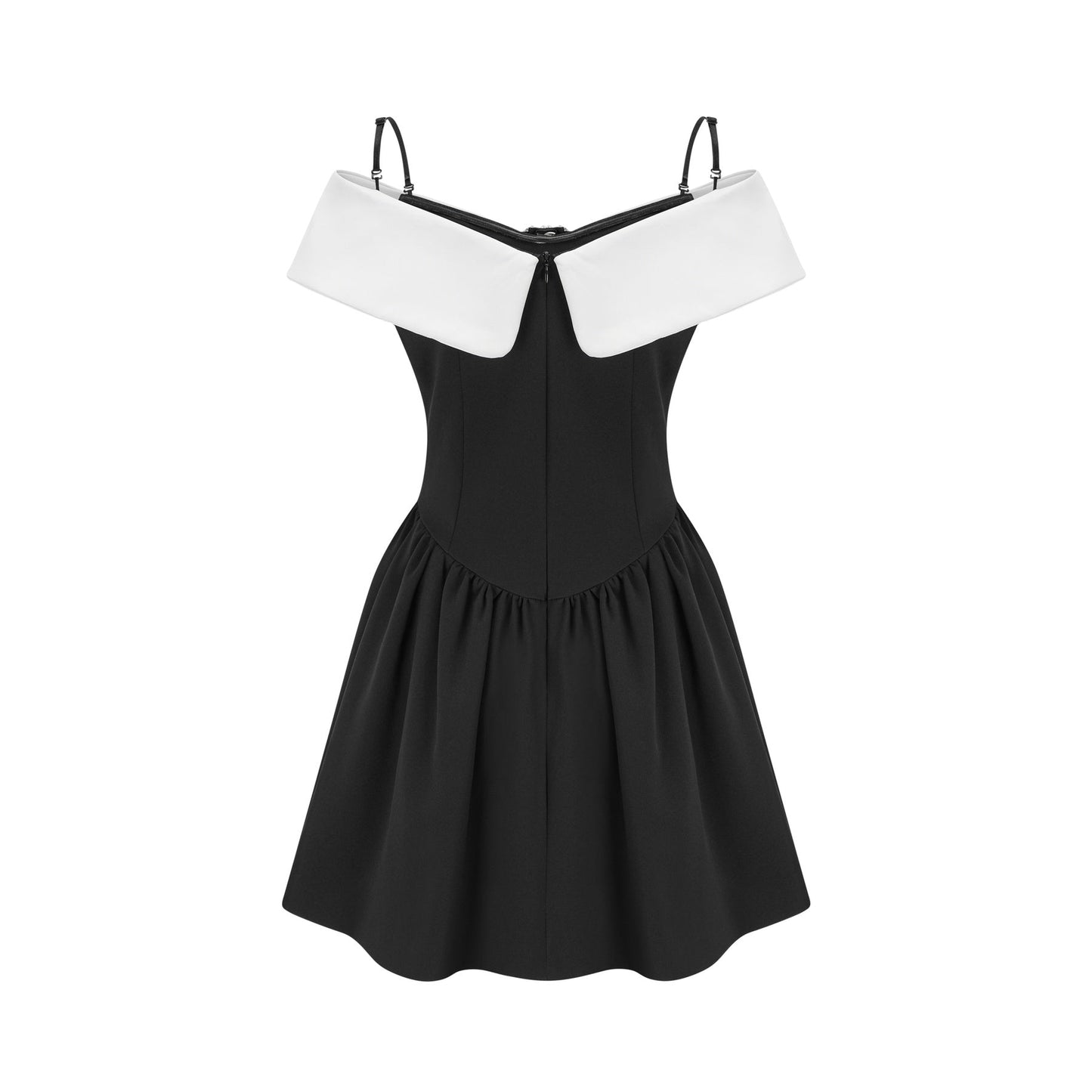 Black spaghetti strap dress with reversible collar off the shoulder style paneled design displaying contrast colors pleated details front bowknot and mini dress length made of 82% Cotton 18% Silk