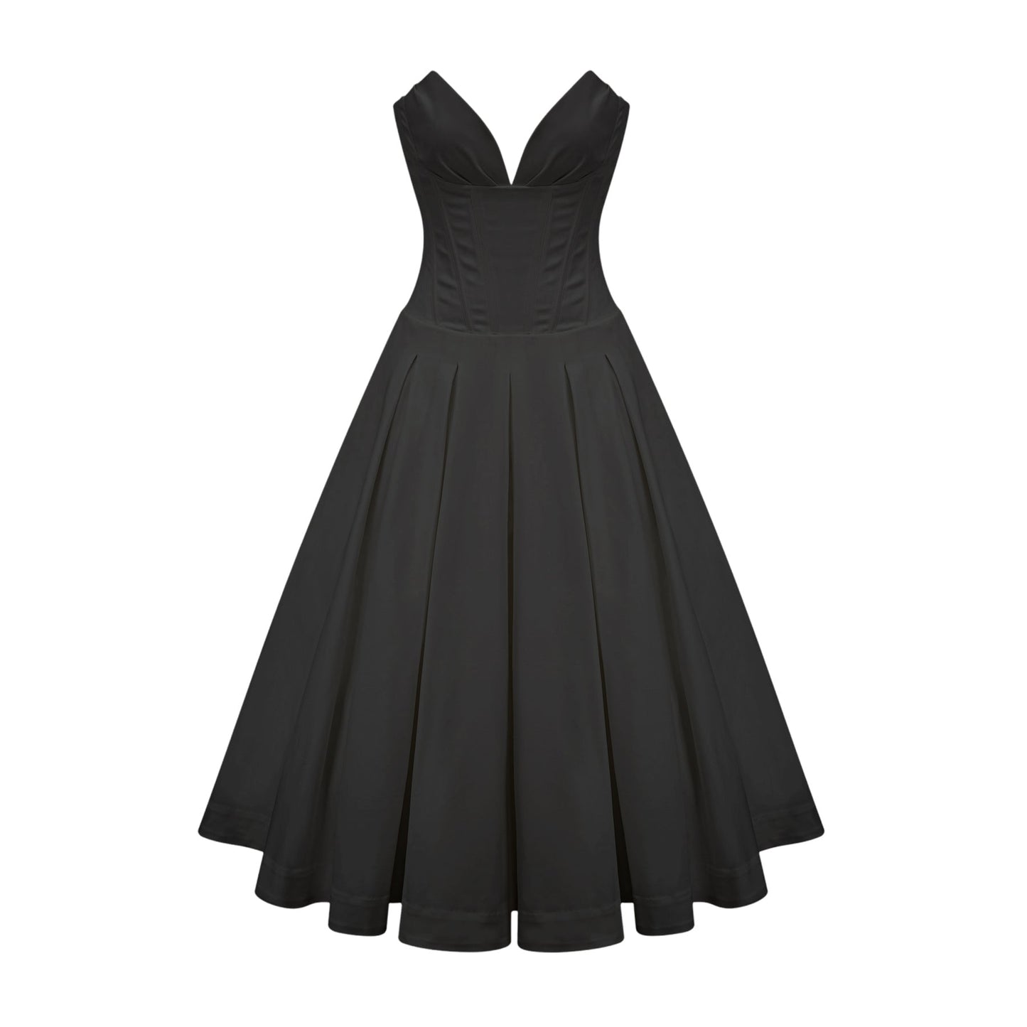 A black offshoulder midi dress with a corsetstyle bodice worn by a model standing against a plain background