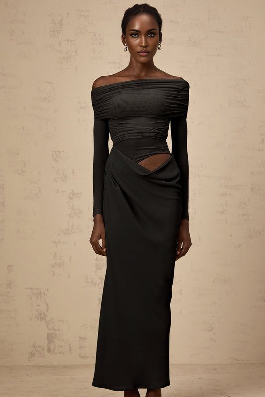 A black offshoulder midi dress with semisheer fabric worn by a model against a plain background