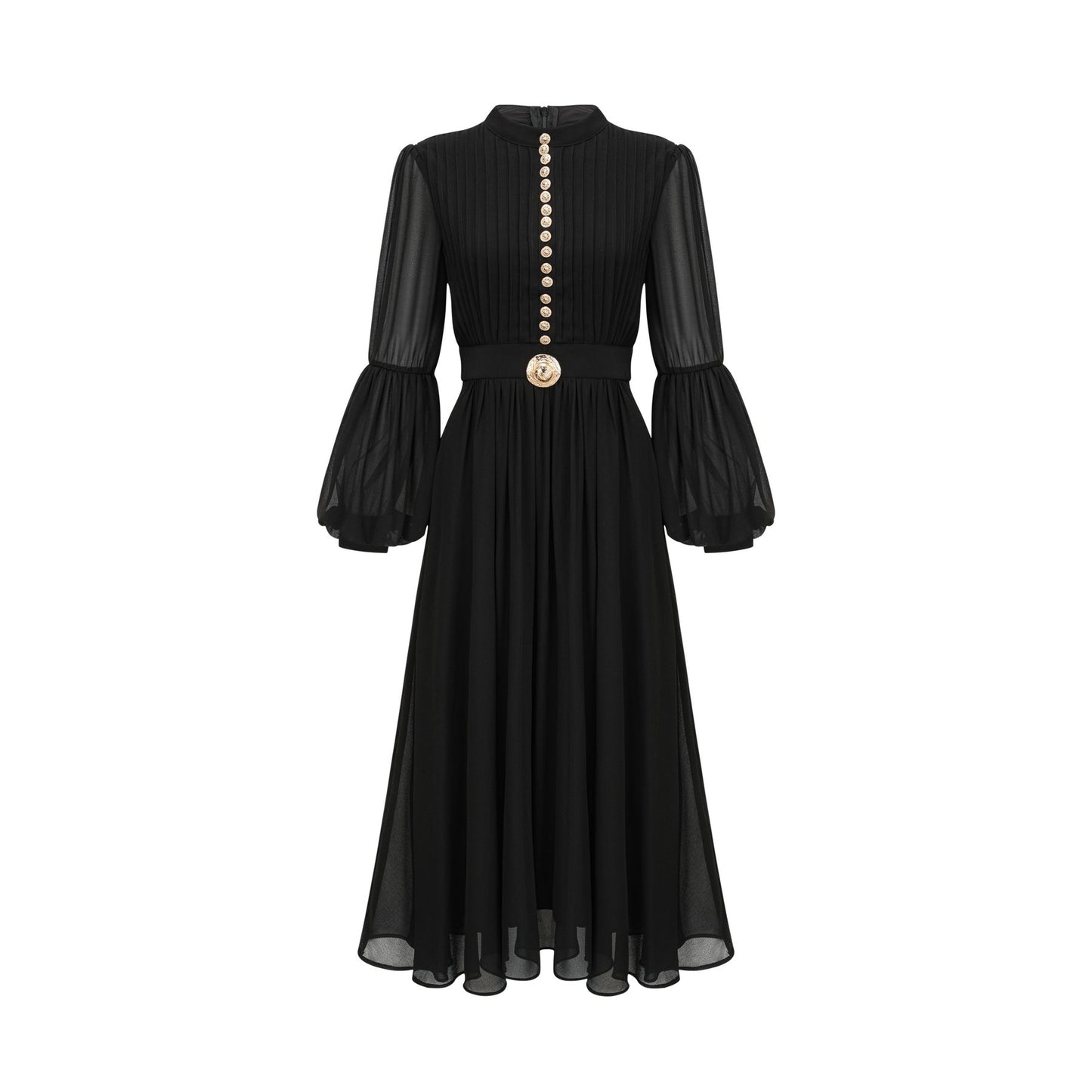 A black pleated midi dress with a buttonfront design featuring long sleeves and a flowing silhouette
