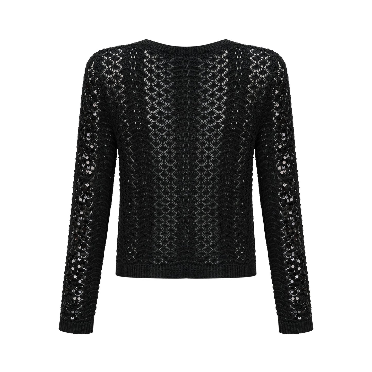 A black sequined cardigan and matching skirt set featuring crochet knit design The cardigan has long sleeves and an open front while the skirt is form fitting Both pieces are adorned with shimmering sequins throughout creating an elegant evening look