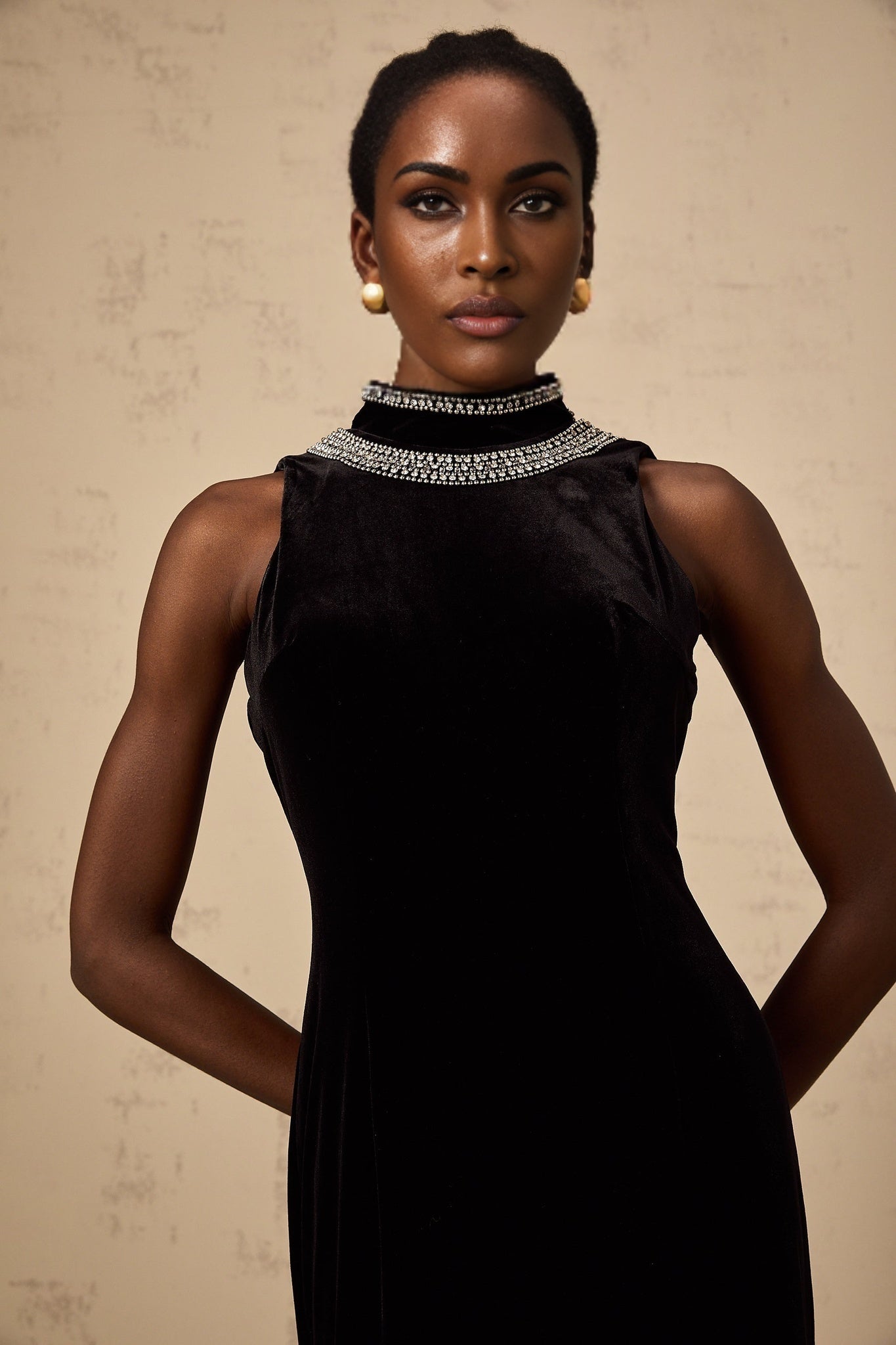 A black velvet gown with crystal embellishments featuring a long silhouette and elegant design