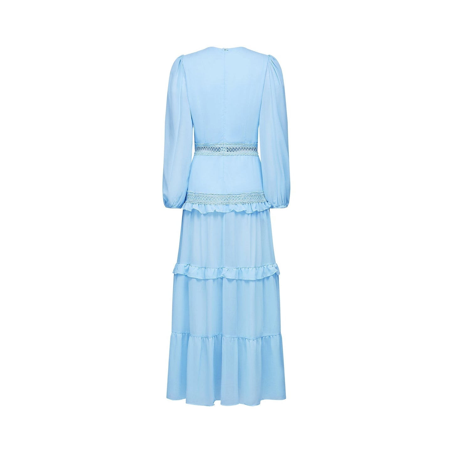 A blue maxi dress named Juno featuring cut out details and ruffles