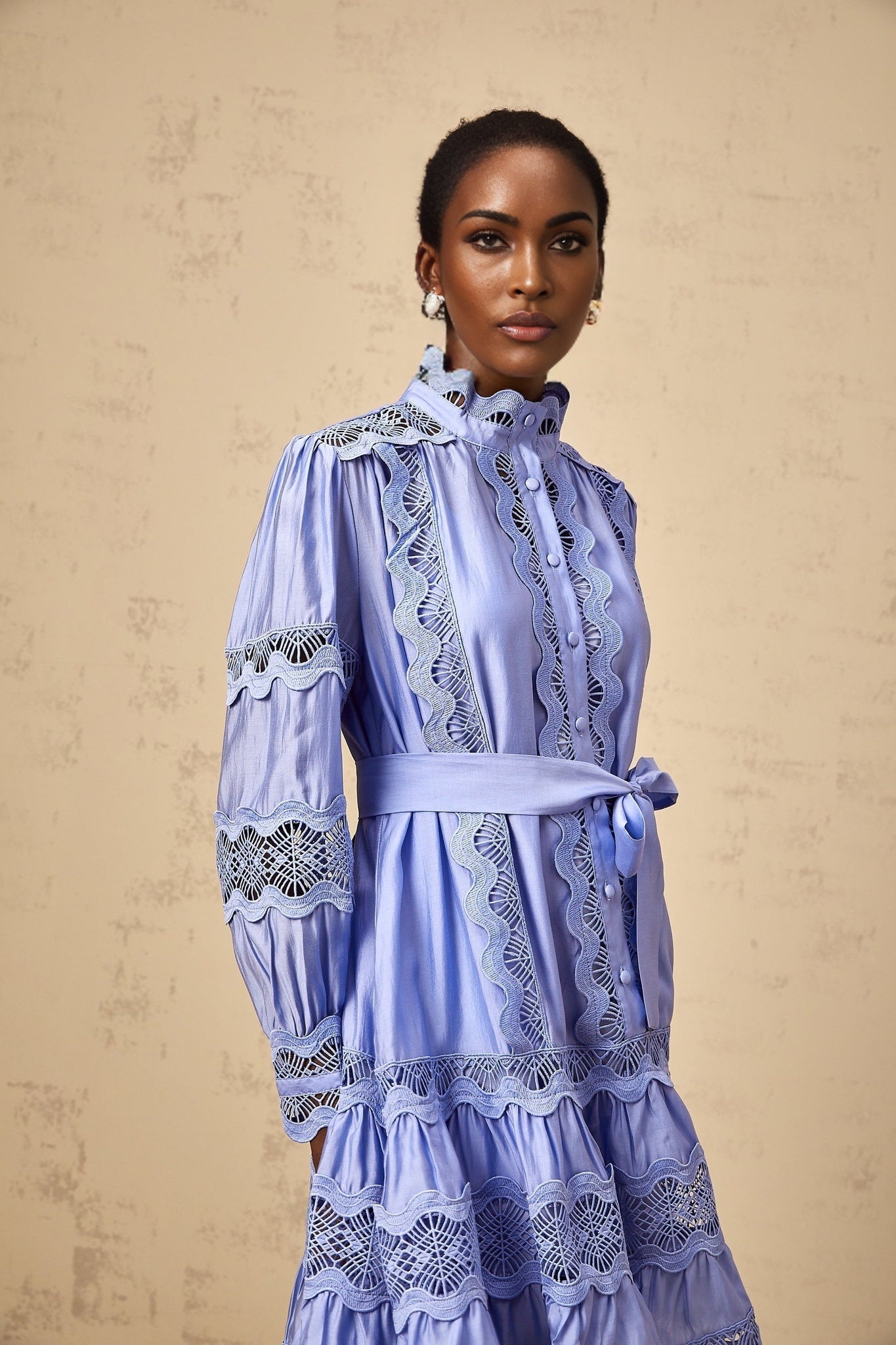A blue mini dress with tiered layers featuring cut out embroidery patterns throughout the design The dress has a short hemline and a feminine silhouette