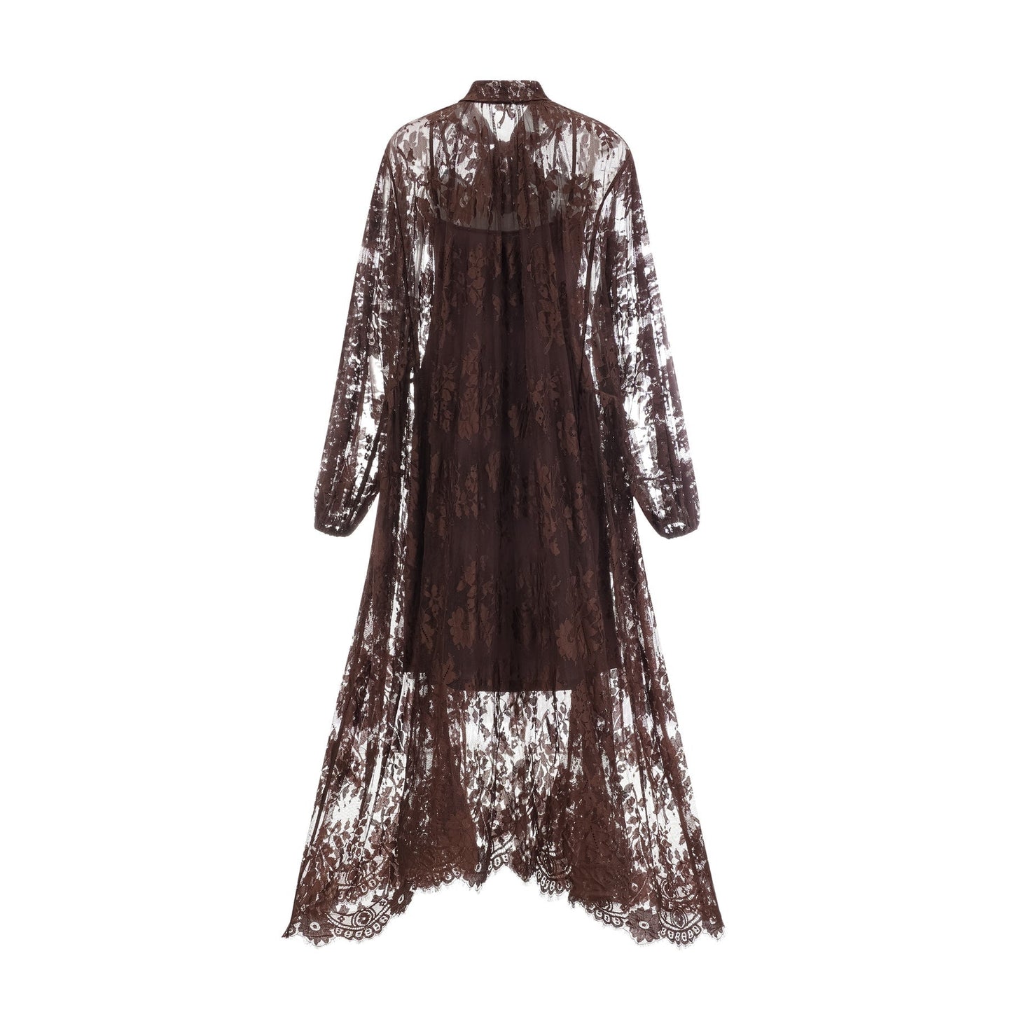 A brown flared midi dress made of chantilly lace named Sylvie featuring a fitted bodice and flowing skirt
