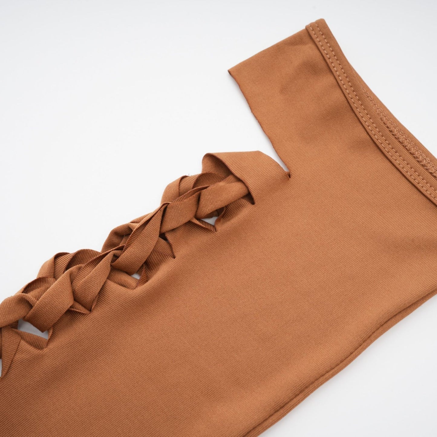 Brown bodycon dress with spaghetti straps V neck cutout design and gloves Stretch jersey fabric thigh length 95% Polyester 5% Spandex