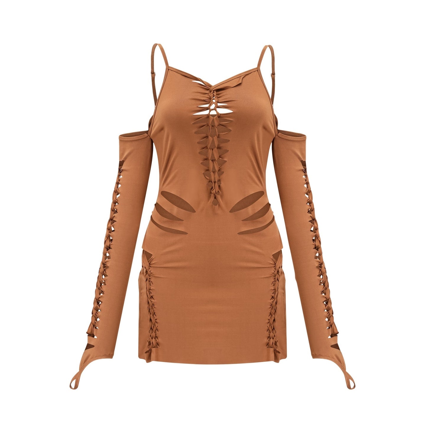 Brown spaghetti strap dress with V neck stretch jersey fabric cutout design bodycon fit gloves included and thigh length Made of 95% Polyester 5% Spandex