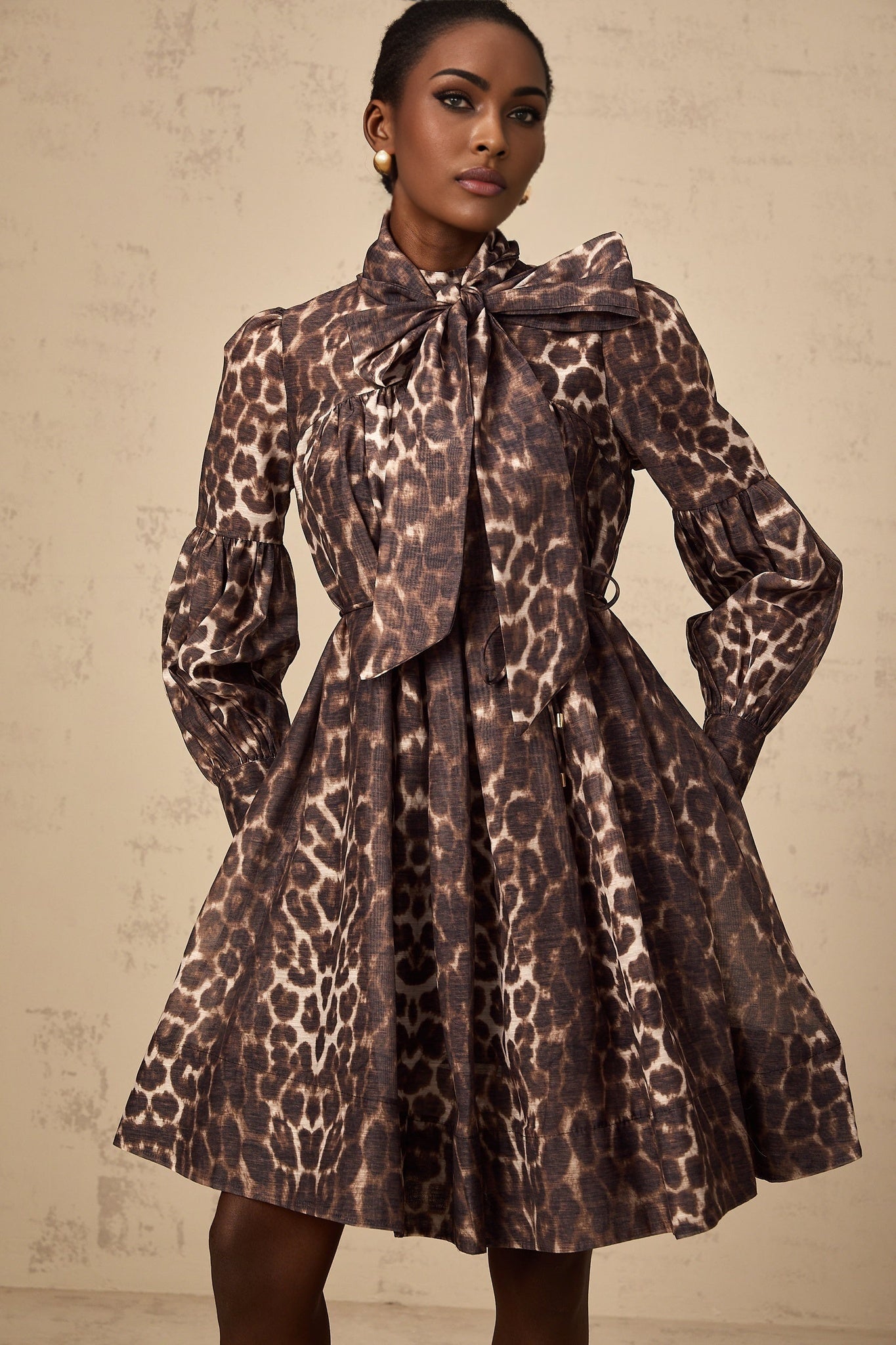 A brown mini dress with leopard print pattern featuring a bowknot detail and xylene style