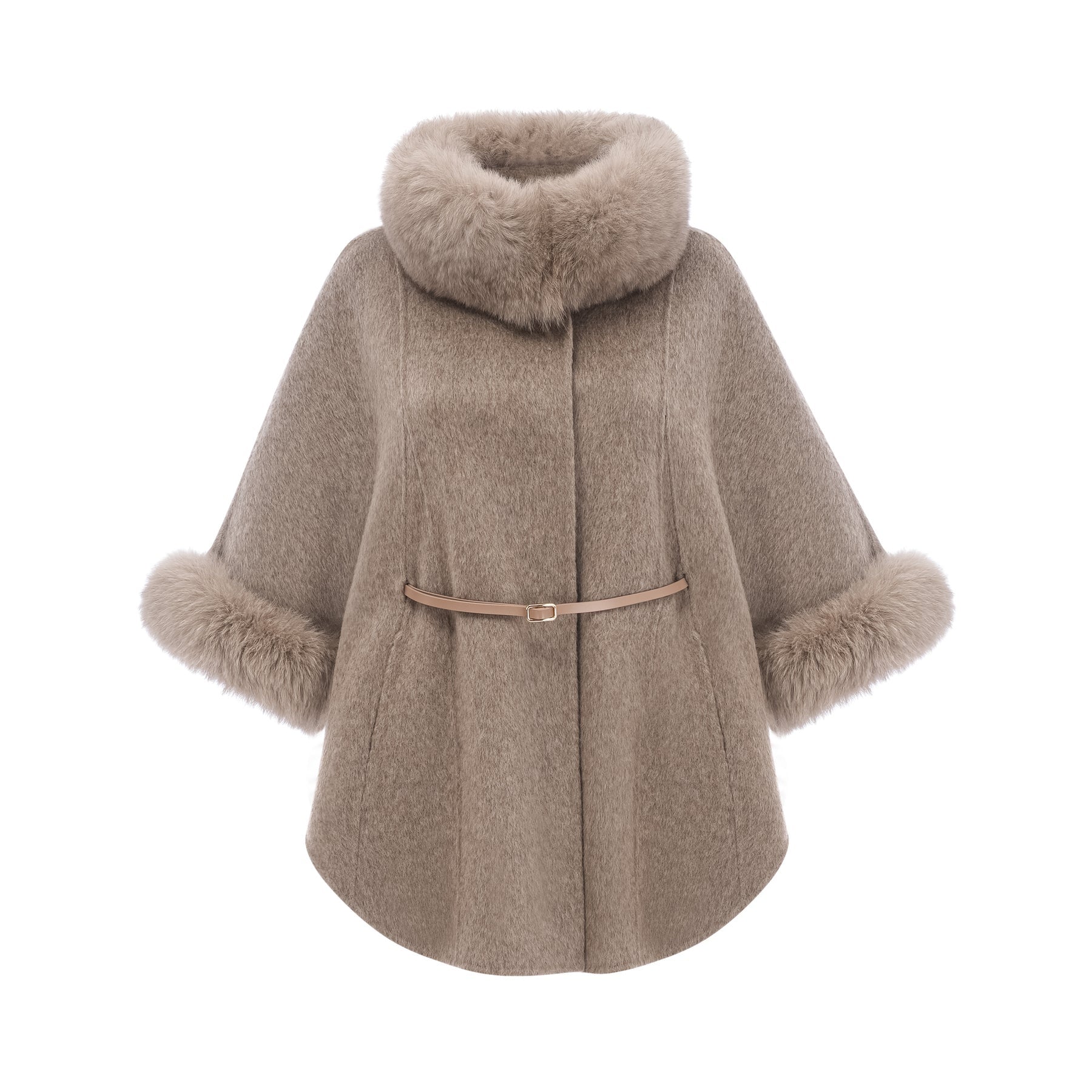 A brown wool cape coat with fur trim and a belt cinching the waist featuring a loose draped silhouette and elegant design