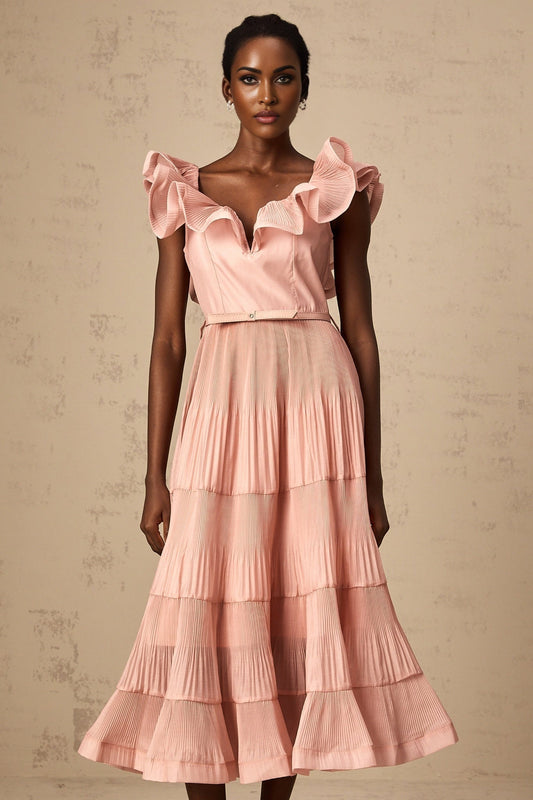 A coralpink midi dress with pleated details and frilled accents named Valentina