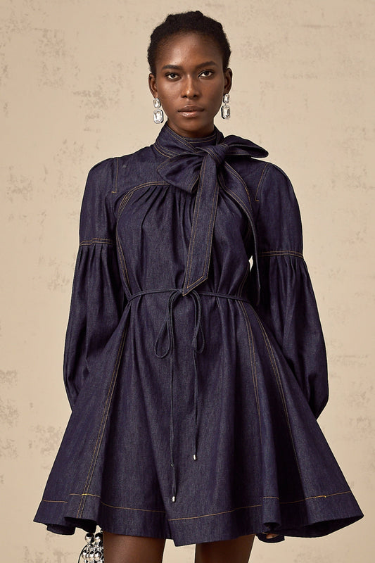 A dark blue denim mini dress with visible contrast stitching named Mirabel