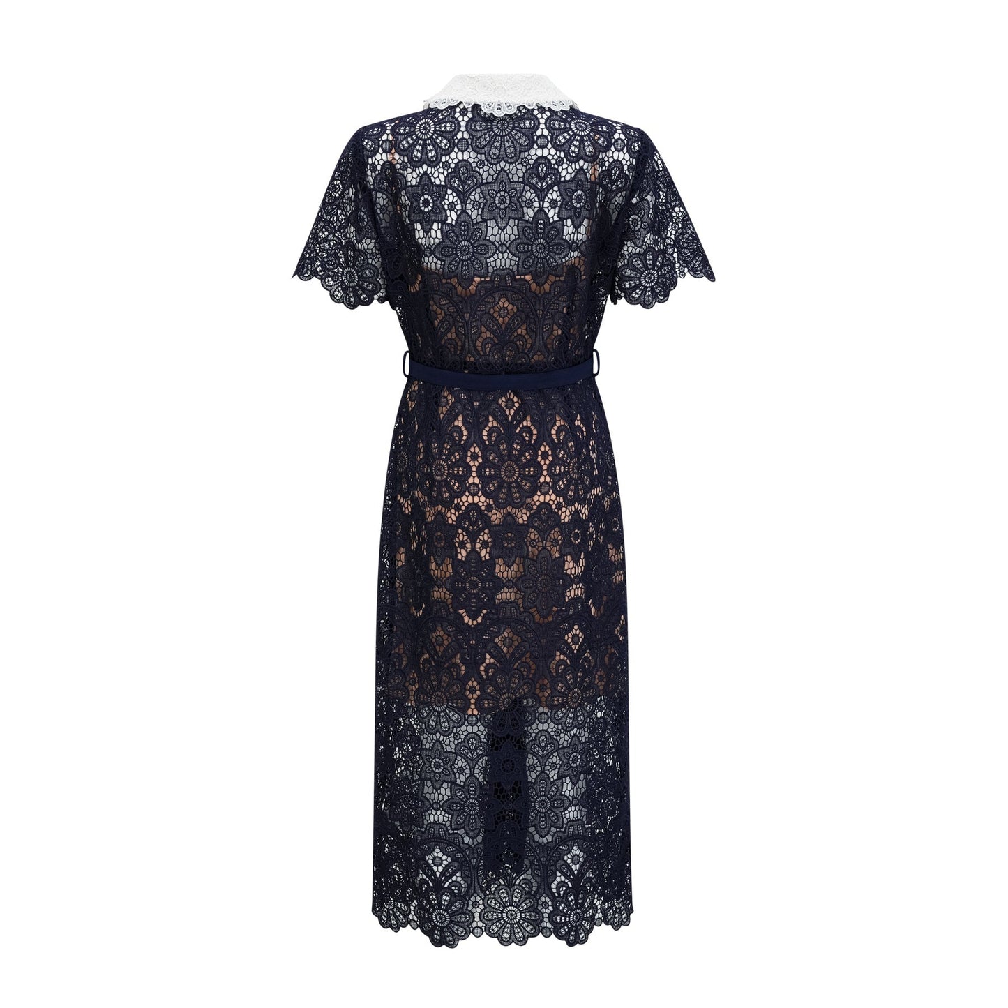 A dark blue midi dress with floral crochet lace pattern covering the bodice and skirt