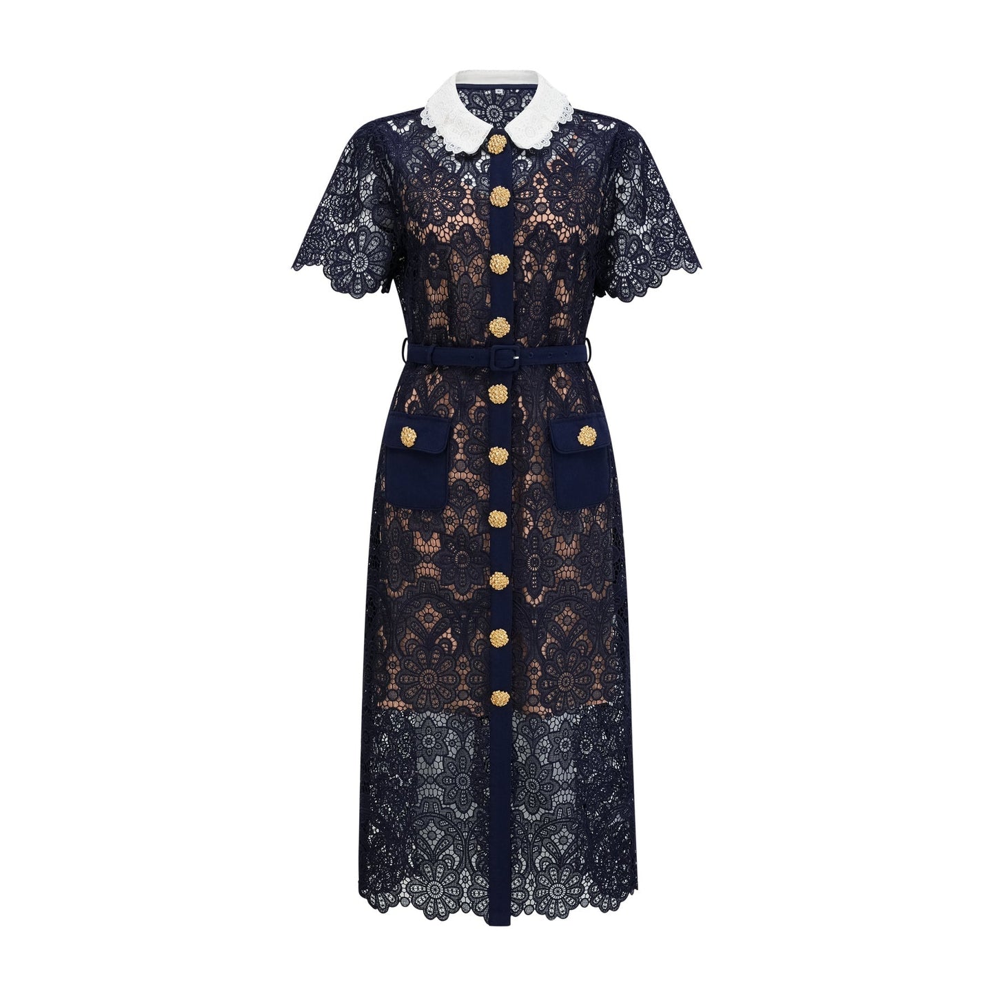 A dark blue midi dress with floral crochet lace pattern featuring an intricate design throughout the garment