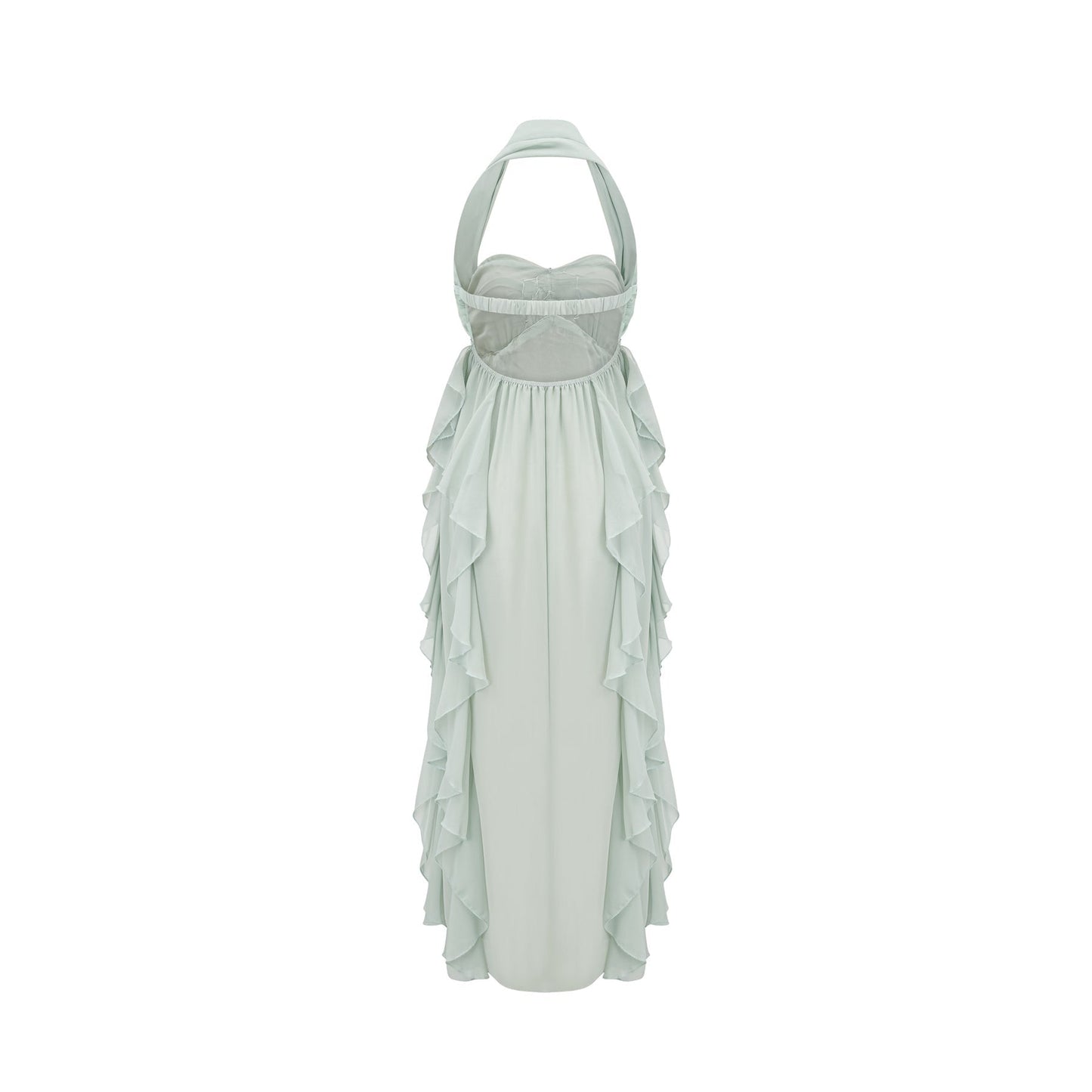 A elegant midi dress with ruffled details and embellishments named Salilah