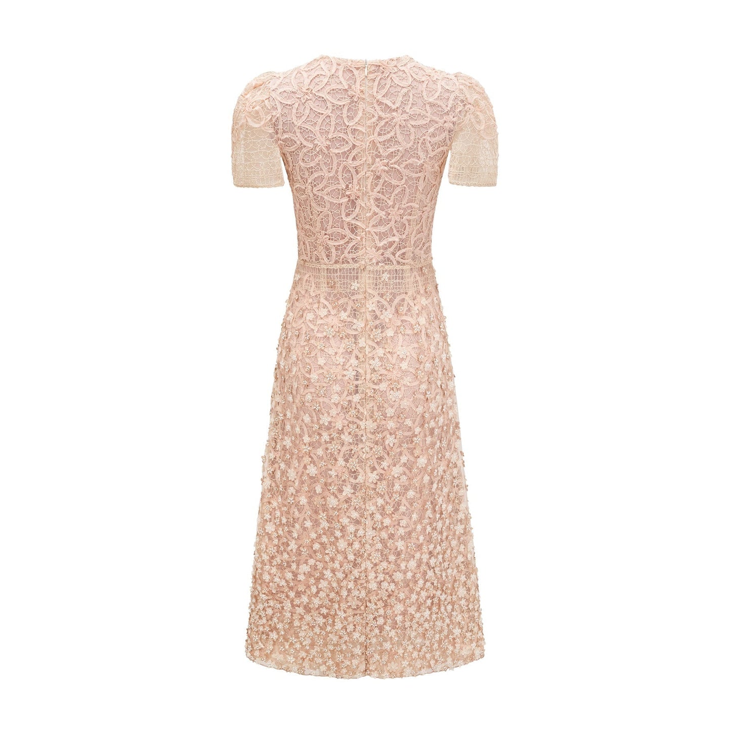 A feminine midi dress in neutral tones featuring crochet details and faux flower embellishments
