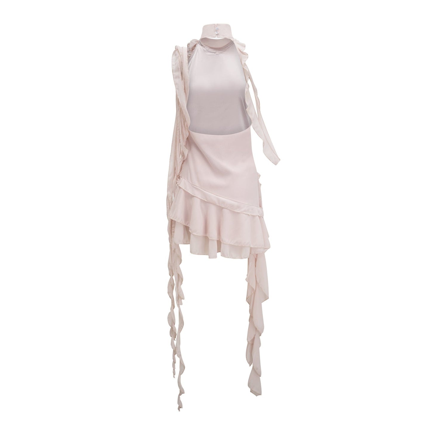 Dress features high neckline sleeveless design floral embellishments and asymmetrical styling