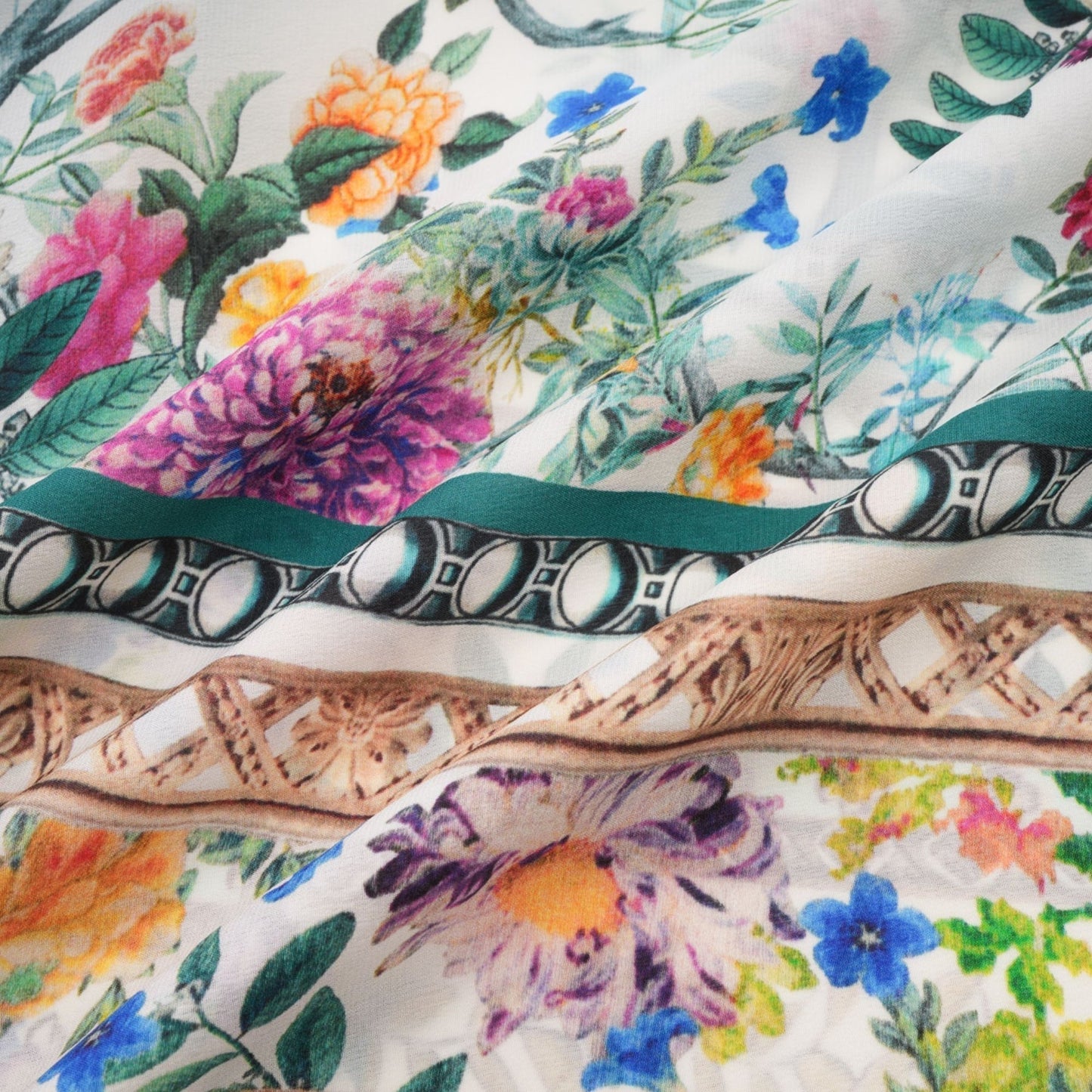 A floral print midi dress with decorative details inspired by Philippine design featuring a colorful pattern and embellishments on a flowing silhouette