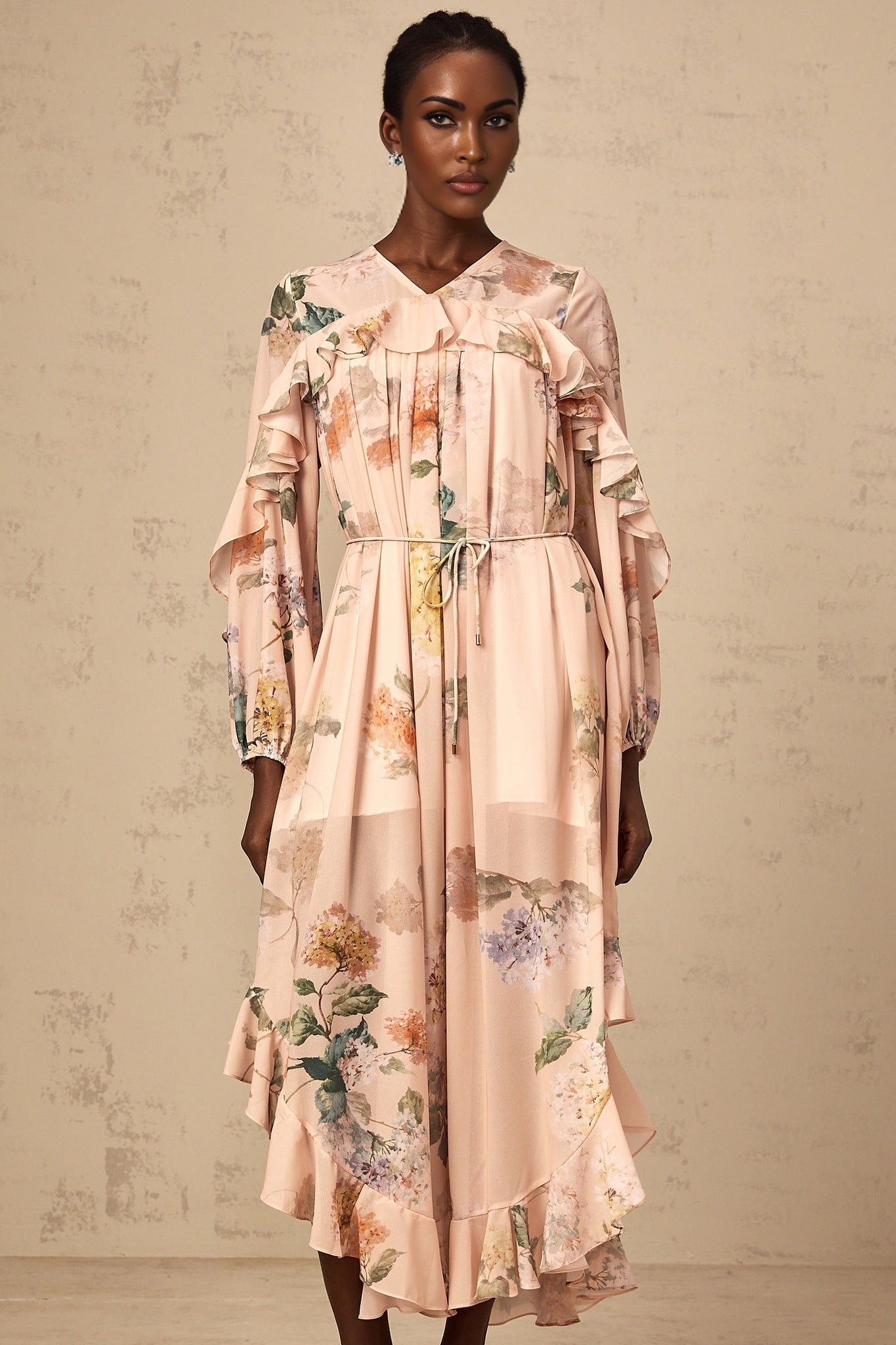 A floral print midi dress with ruffled trim details named Patricia