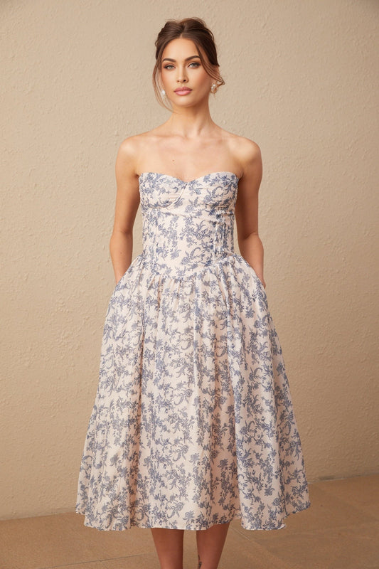 A floral print offshoulder midi dress with a fanny style featuring a colorful floral pattern on a light background and an elastic neckline that sits below the shoulders