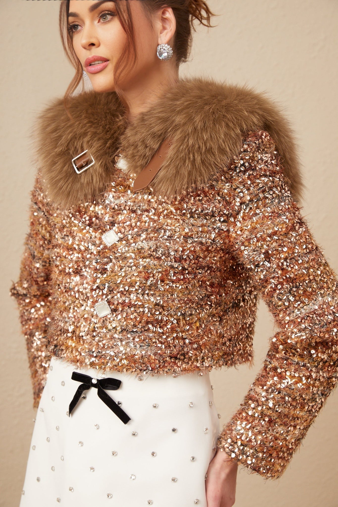 A gold sequined jacket with fur trim and collar Layla style