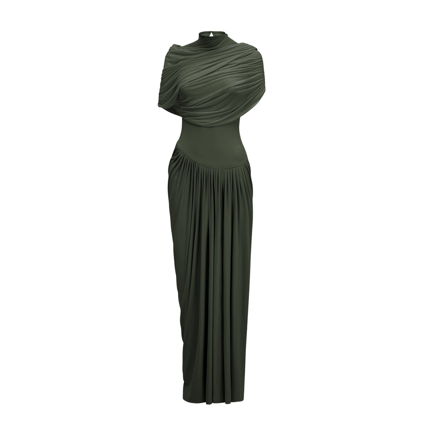 A green asymmetric maxi dress with pleated details and a long flowing skirt worn by a model standing against a plain background