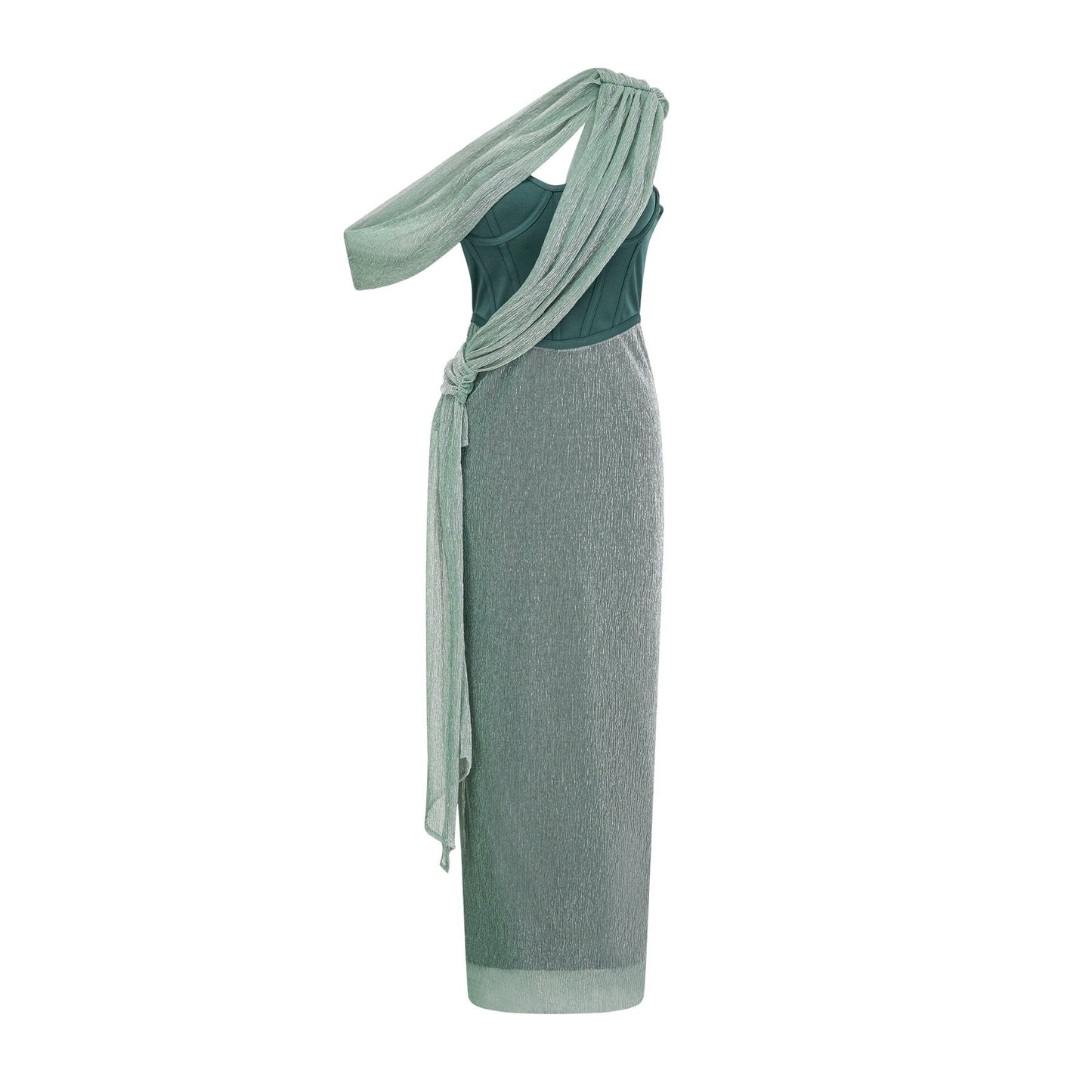 A green maxi dress with a corset bodice featuring a ribbon design detail named Delphine
