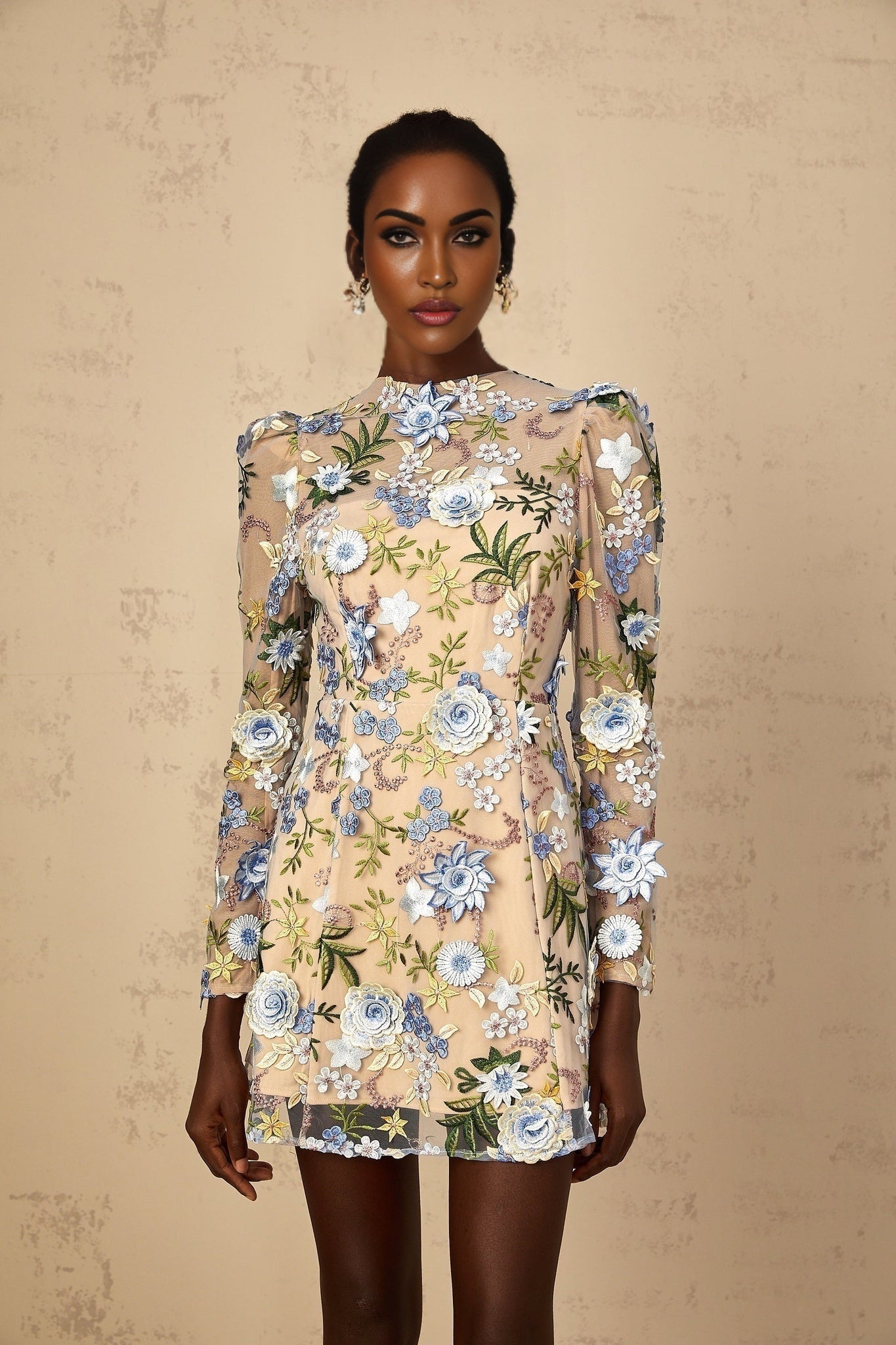 A light blue mini dress with delicate floral applique and embroidered tulle overlay featuring a fitted bodice and flared skirt