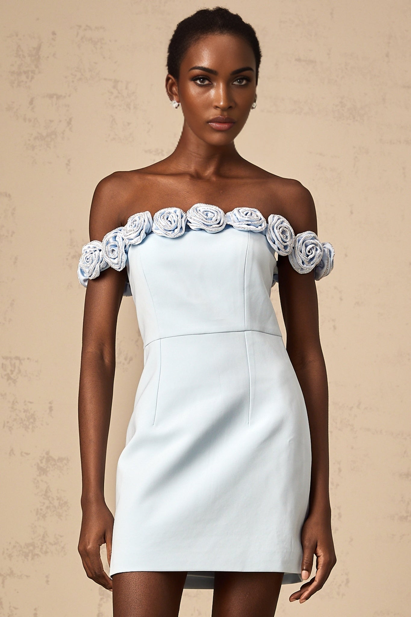 A light blue mini dress with floral appliqués featuring Hedwige design elements and a short hemline