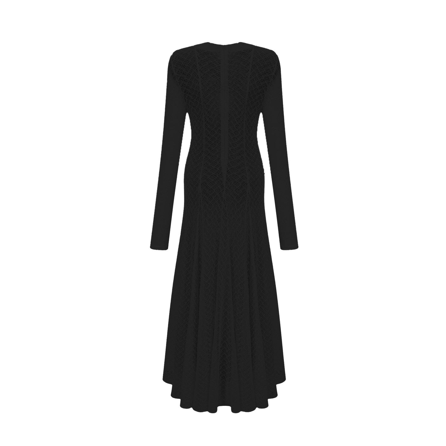 A long black maxi dress with a wavy lace pattern flowing from top to bottom featuring a feminine silhouette and delicate details