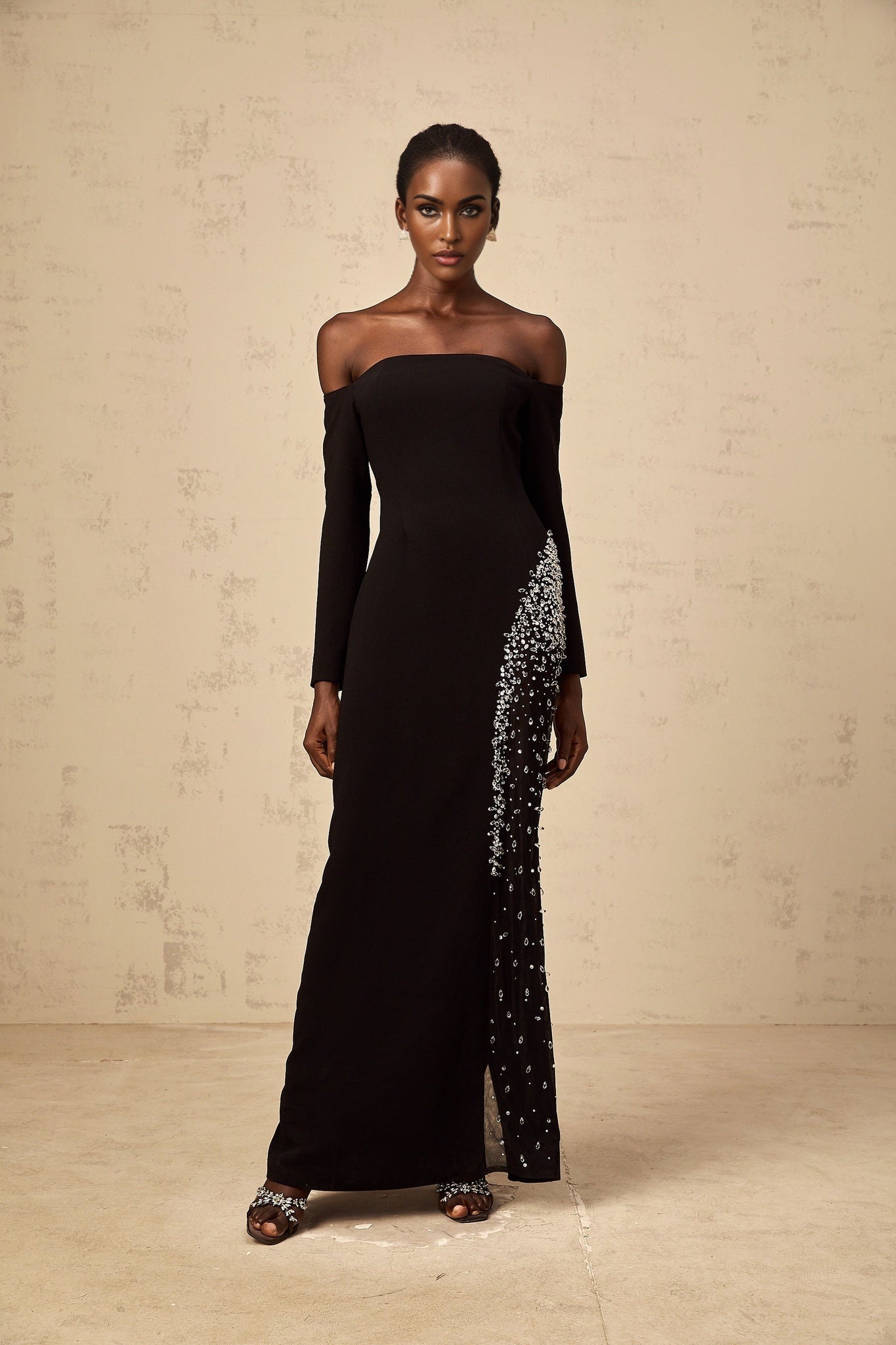 A long black maxi dress with sheer mesh panels and embellished details worn by a model standing against a plain background