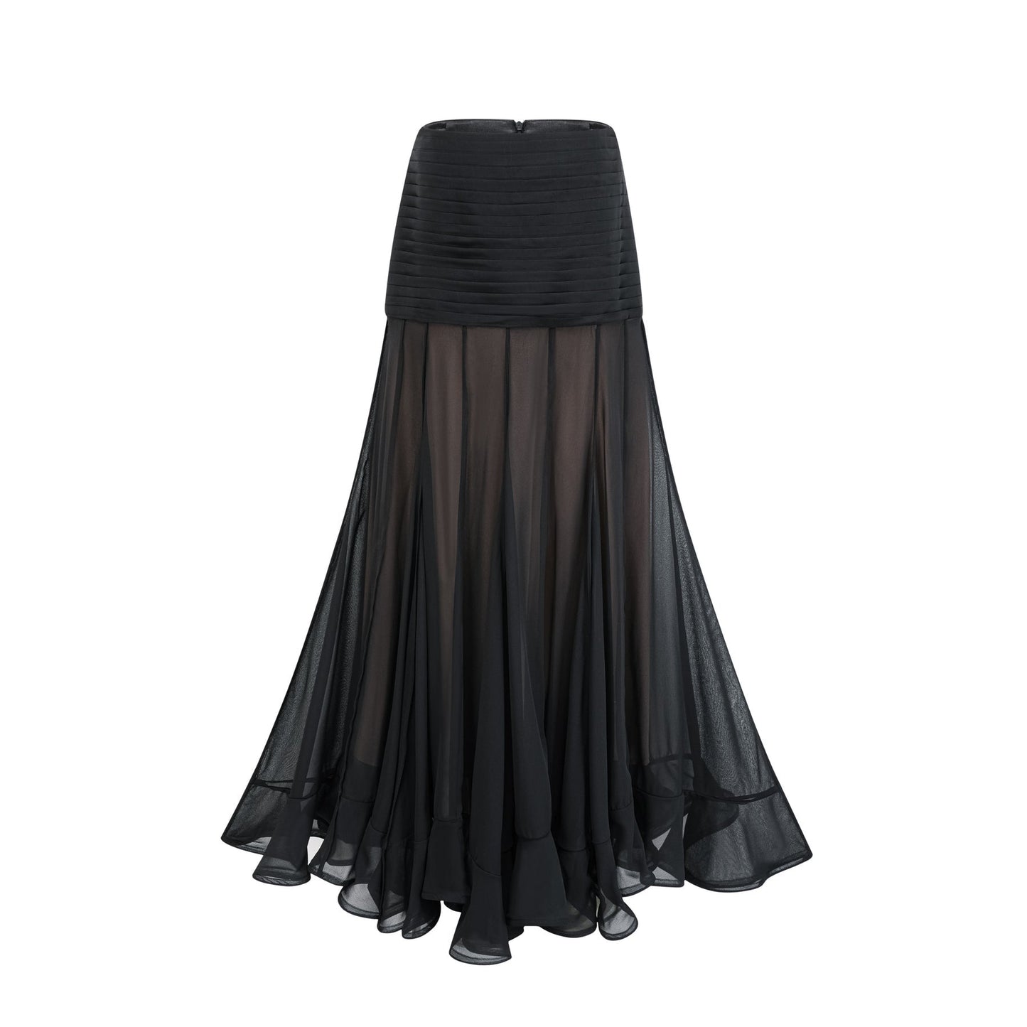 A long flowy maxi skirt with layered tulle and ruffles in a soft rayon fabric named Jacqueline