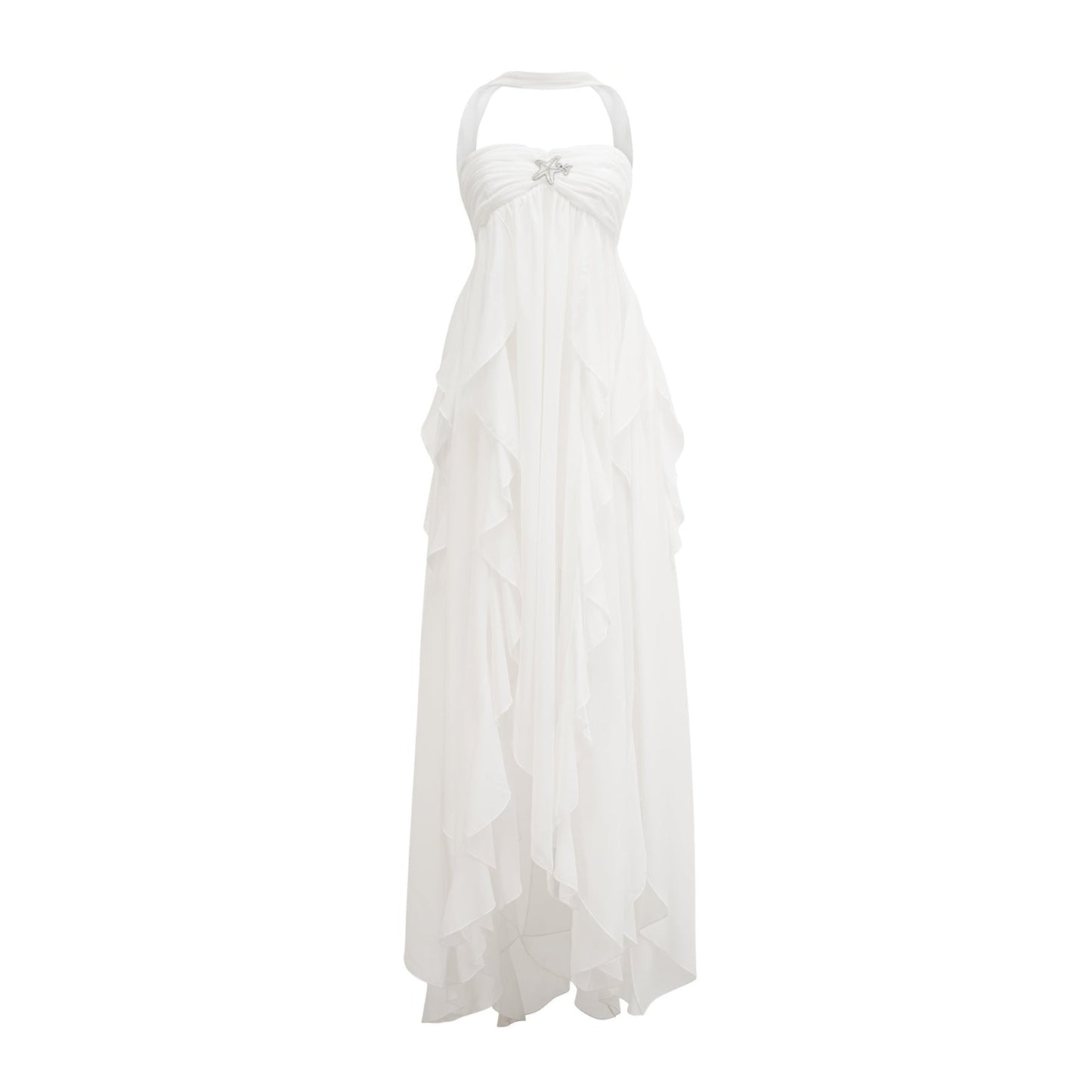 A long pink chiffon maxi dress with a halter neck and ruffled details worn by a model standing against a plain background