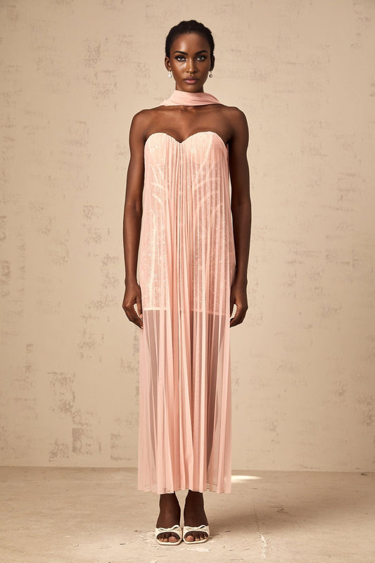 A long pink tulle maxi dress with pleats and ribbon details throughout the design