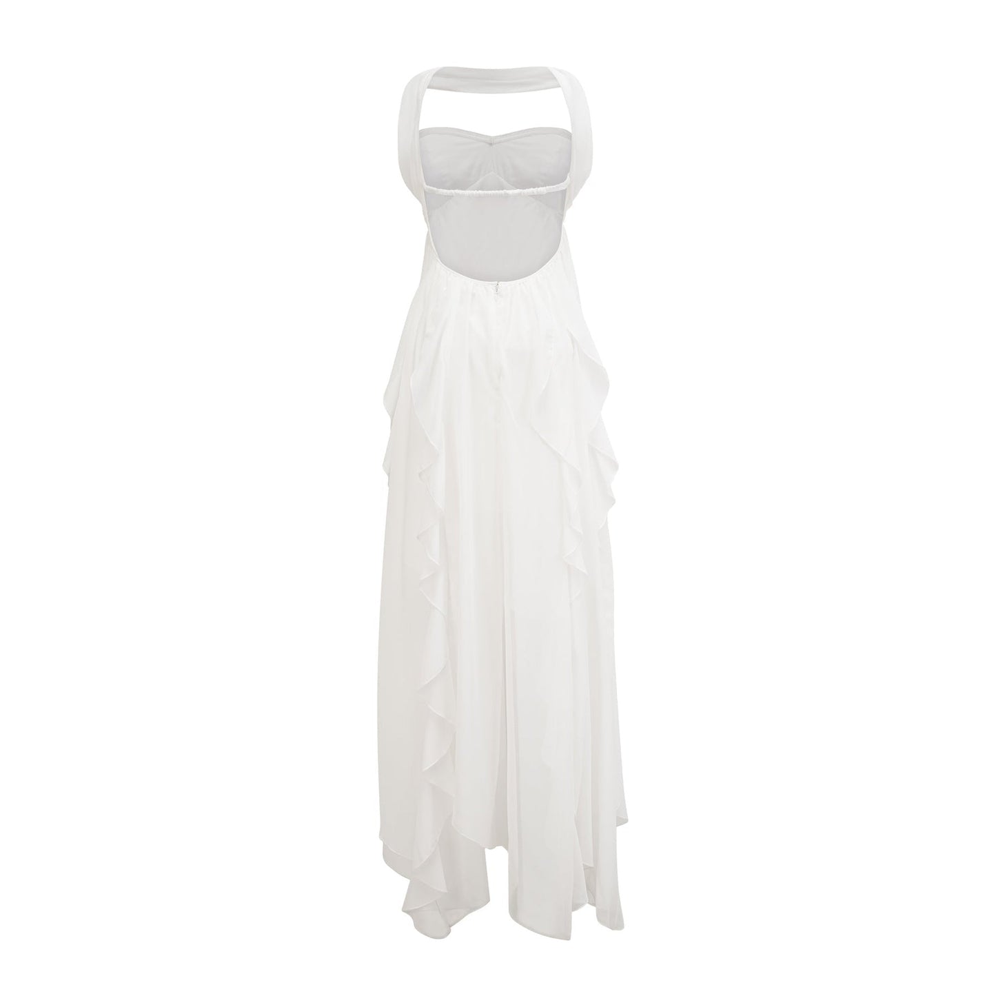 A long white chiffon maxi dress with a halter neckline and ruffled details worn by a model against a plain background