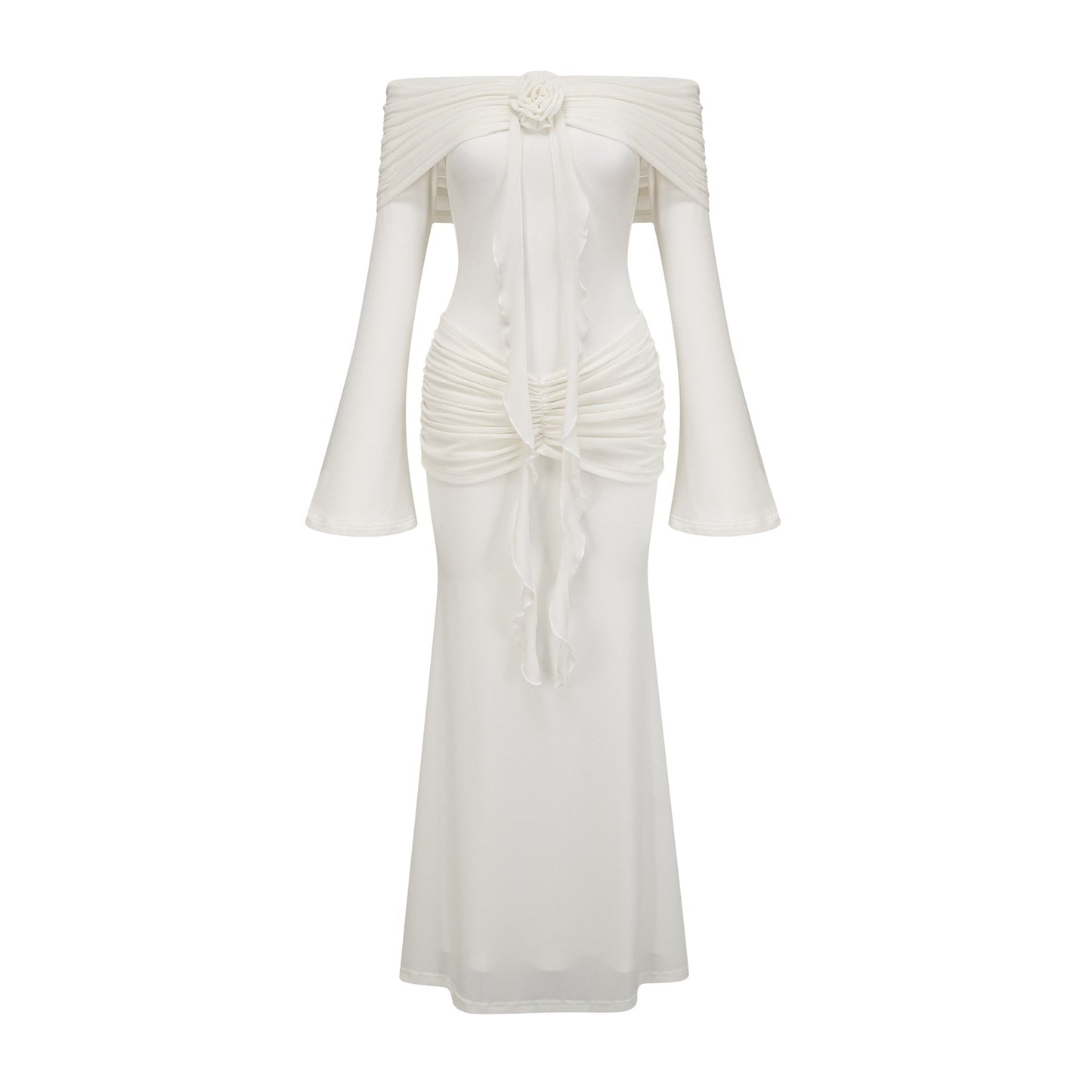 A long white knit maxi dress with glittered floral appliques adorning the fabric named Wanda