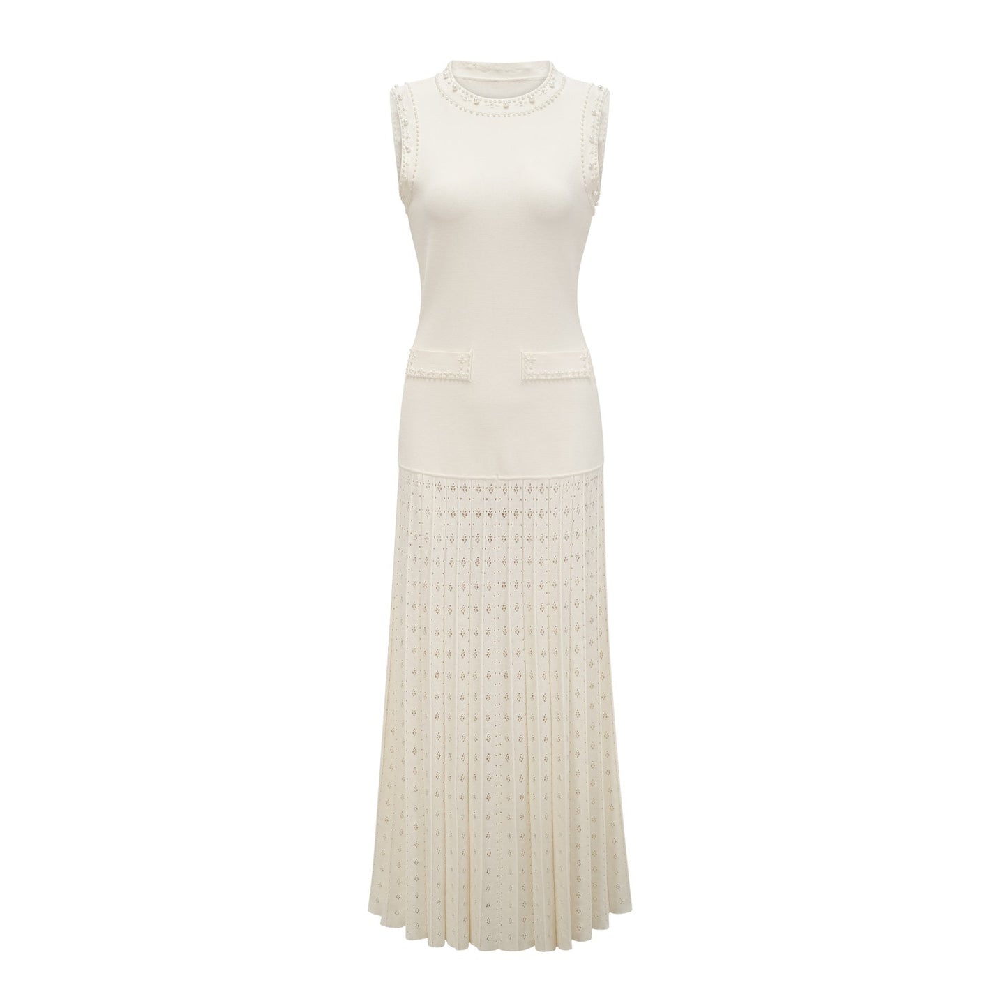 A long white knitted maxi dress with faux pearl embellishments