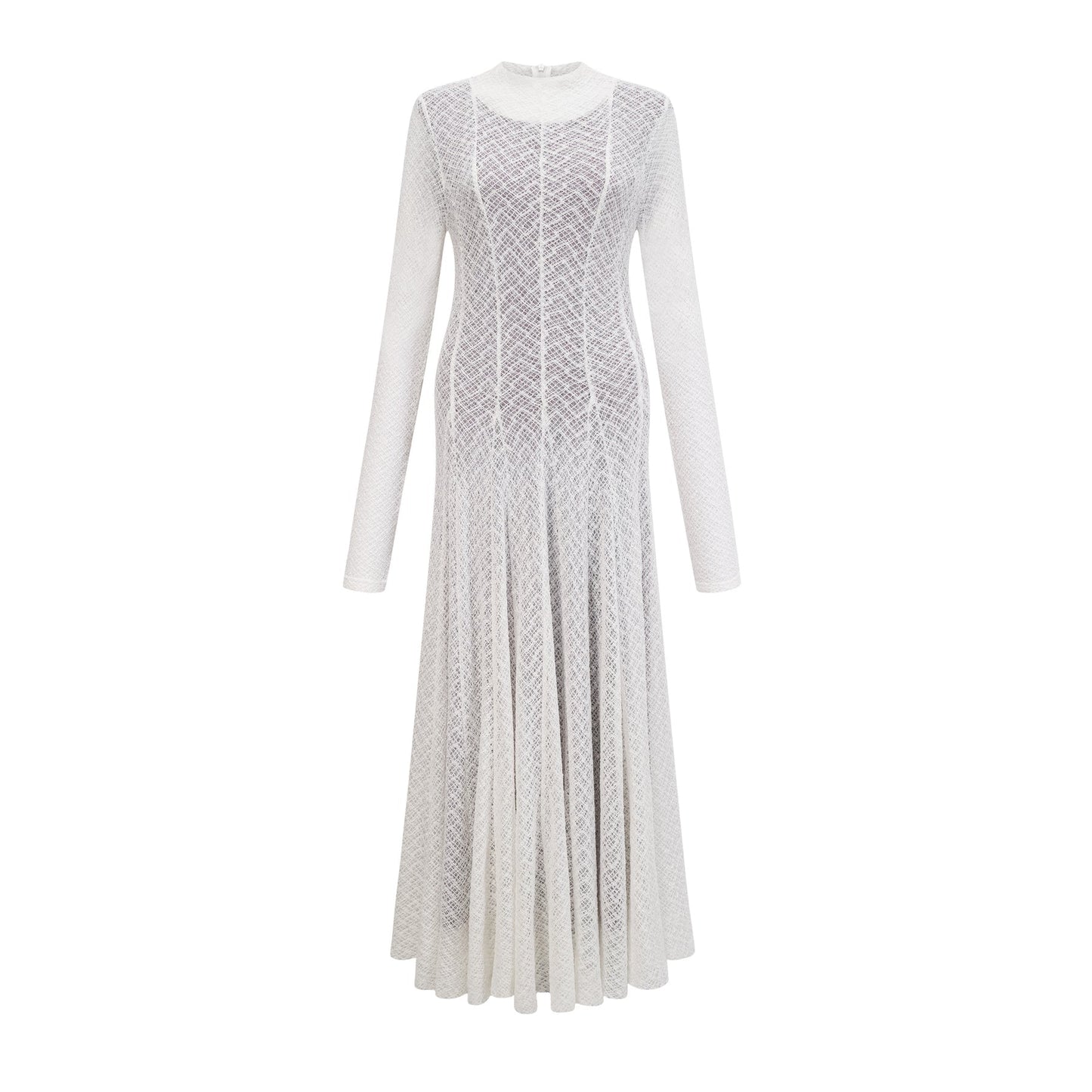 A long white maxi dress with a wavy lace pattern covering the entire garment