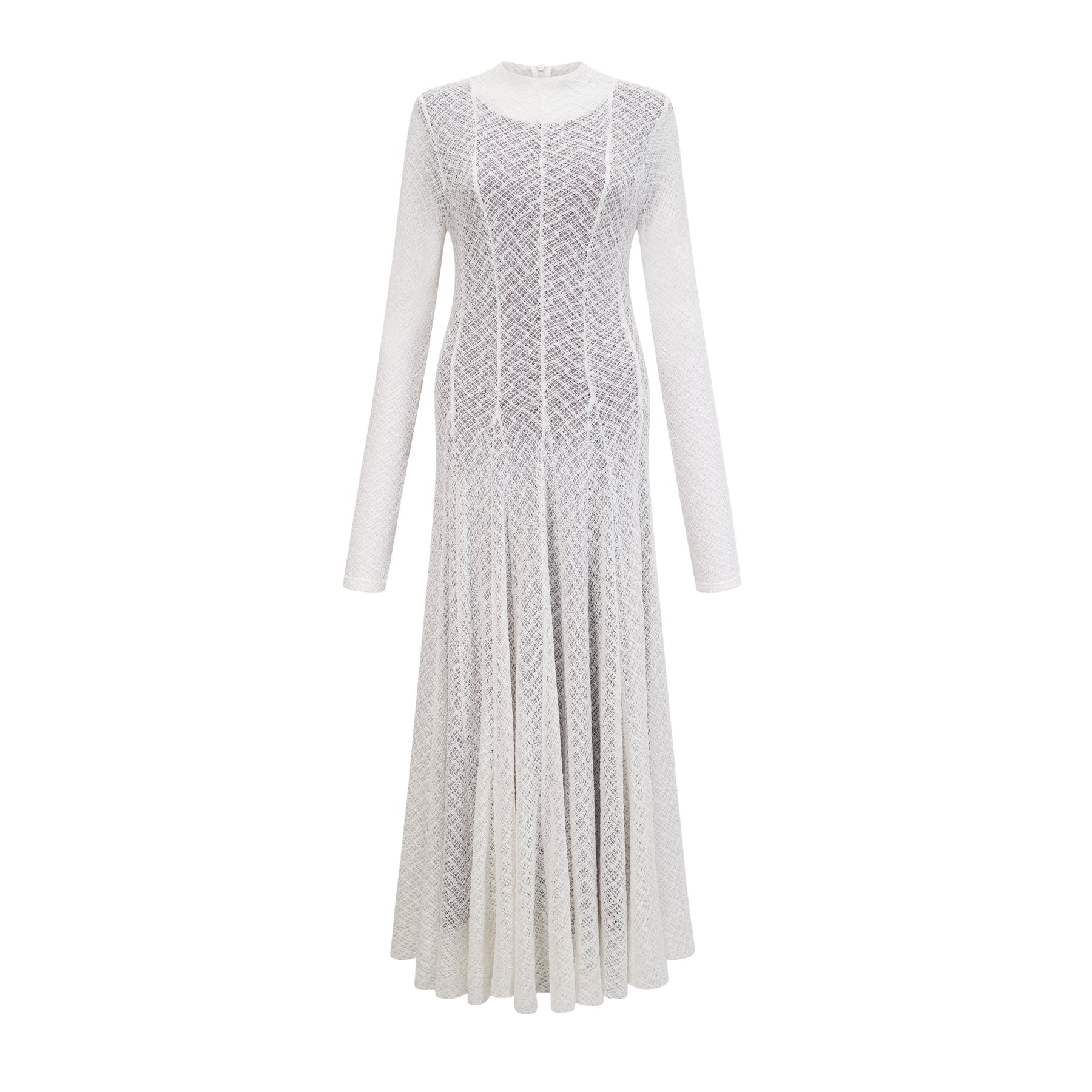A long white maxi dress with a wavy lace pattern covering the entire garment