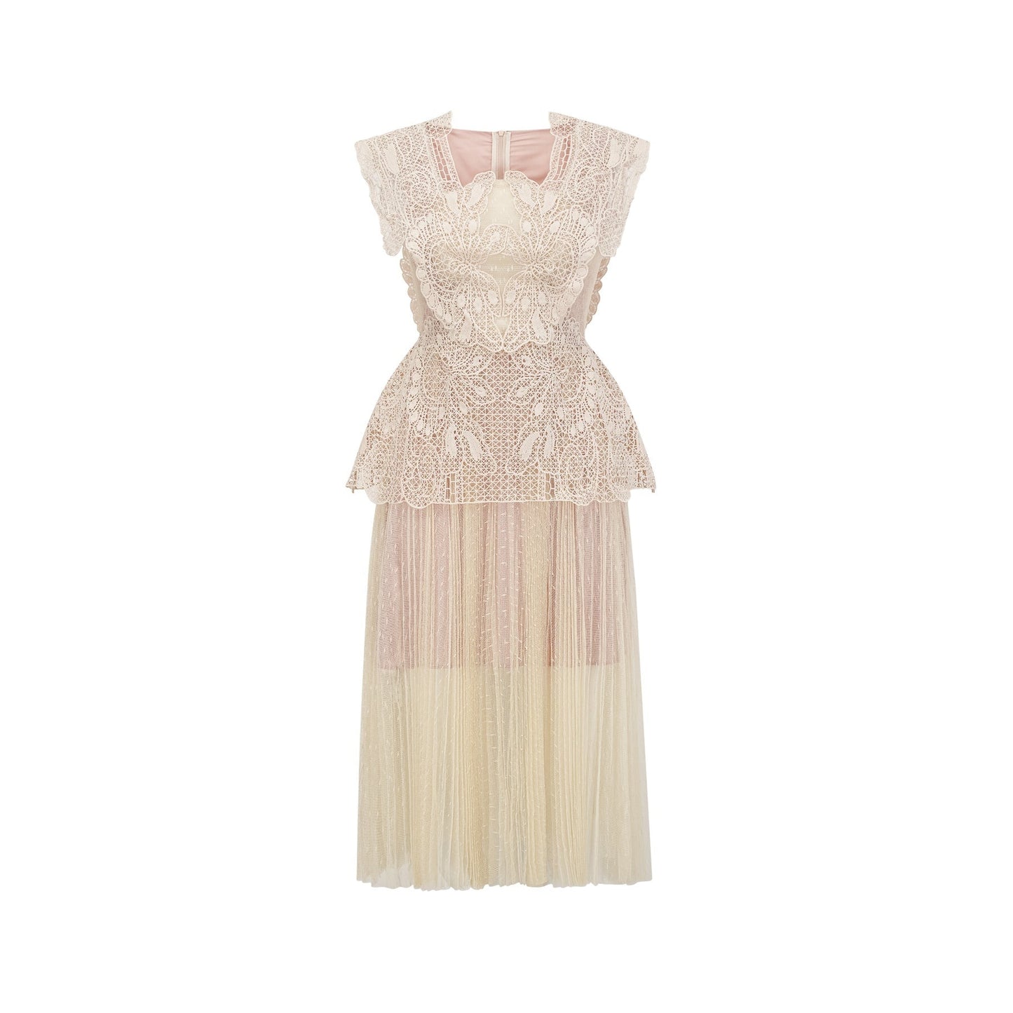 A neutraltoned midi dress with floral lace paneling and tulle fabric featuring a delicate and feminine design