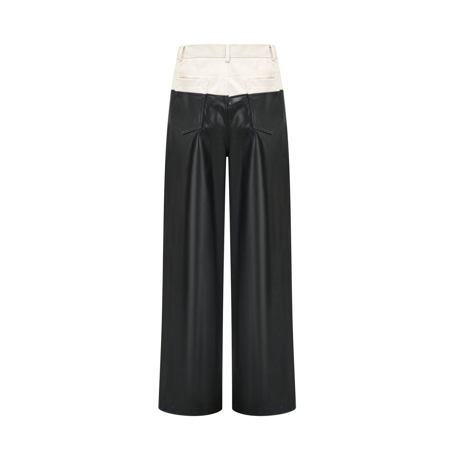 A pair of leather trousers featuring contrasting colors with the name Clotilde