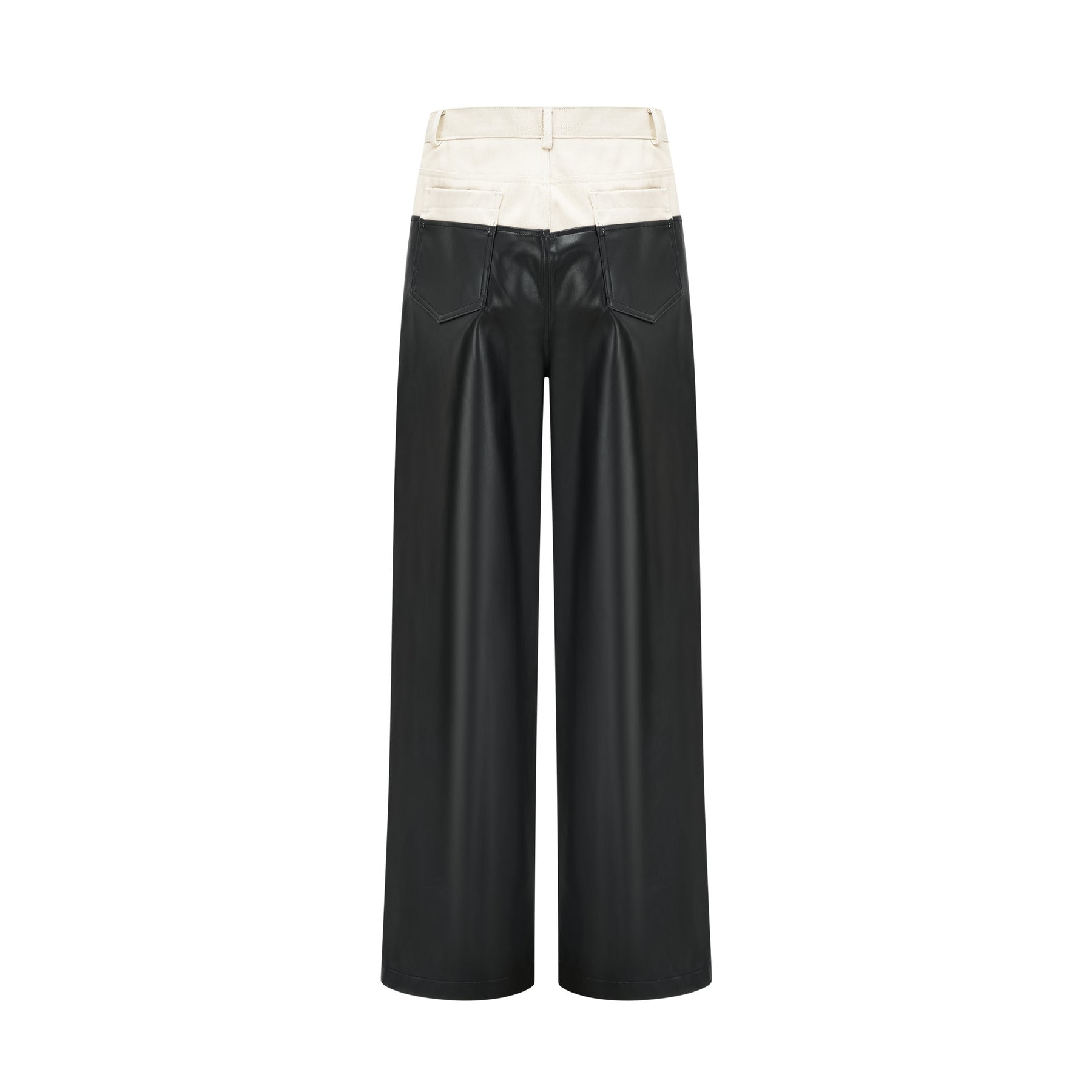 A pair of leather trousers featuring contrasting colors with the name Clotilde