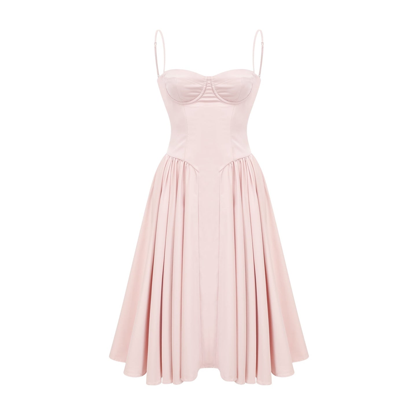 Pink sleeveless bustier dress with spaghetti straps pleated design flared skirt side inset pockets rear zip fastening midi length % poly % viscose blend for comfort and breathability
