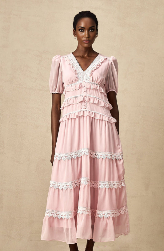 A pink midi dress with ruffled tiers and a feminine silhouette named Amelie