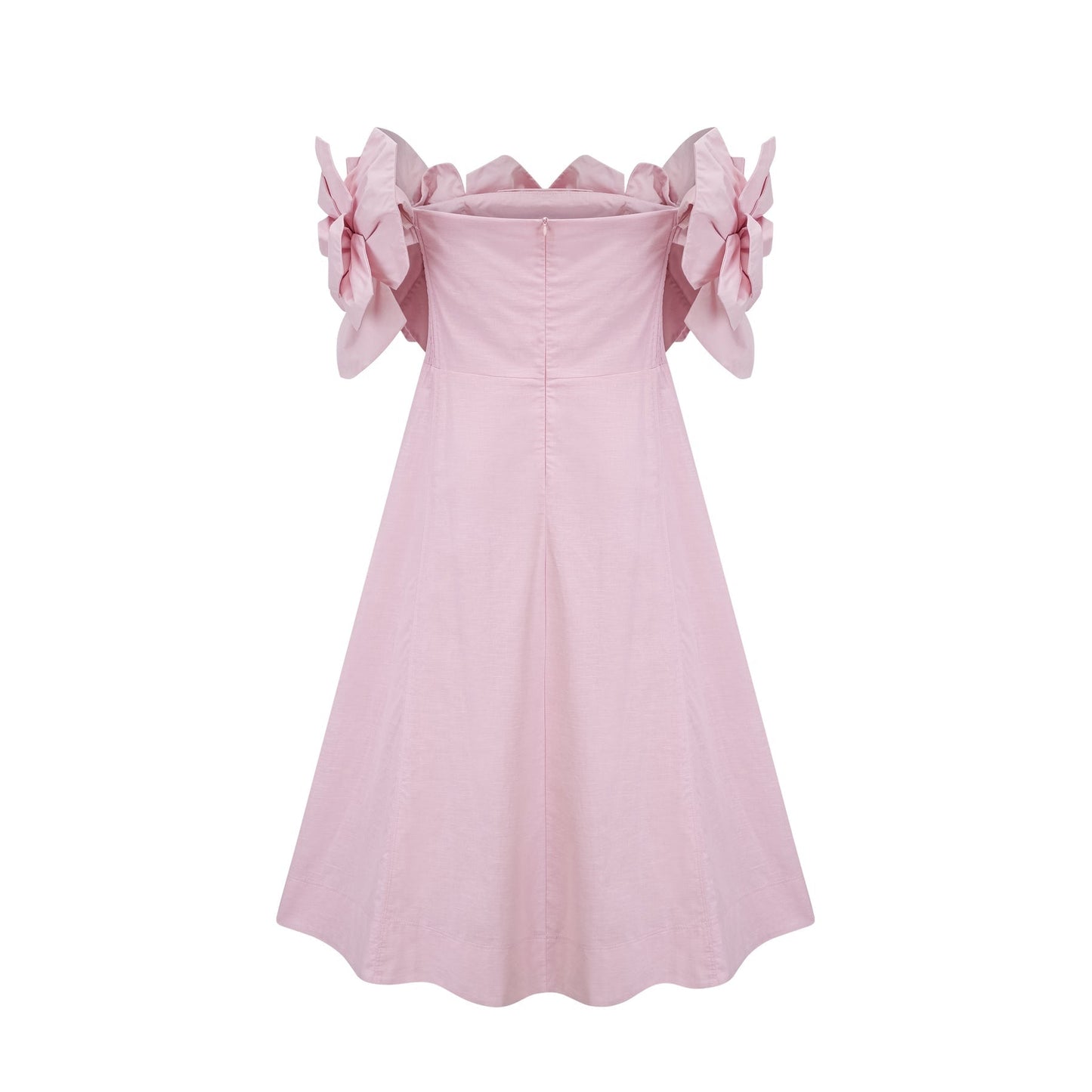 A pink offshoulder midi dress featuring 3D petal details named Juliette