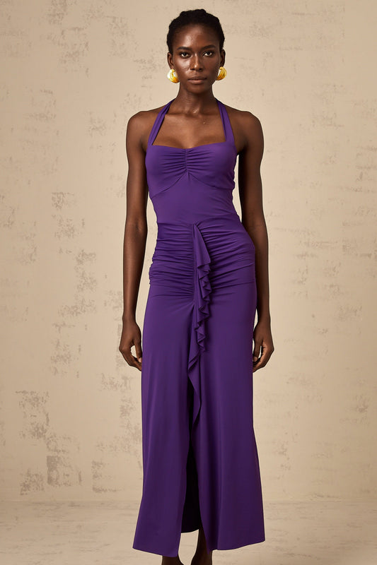 A purple halterneck midi dress with ruched detailing featuring a fitted silhouette and a sleek design named Renata